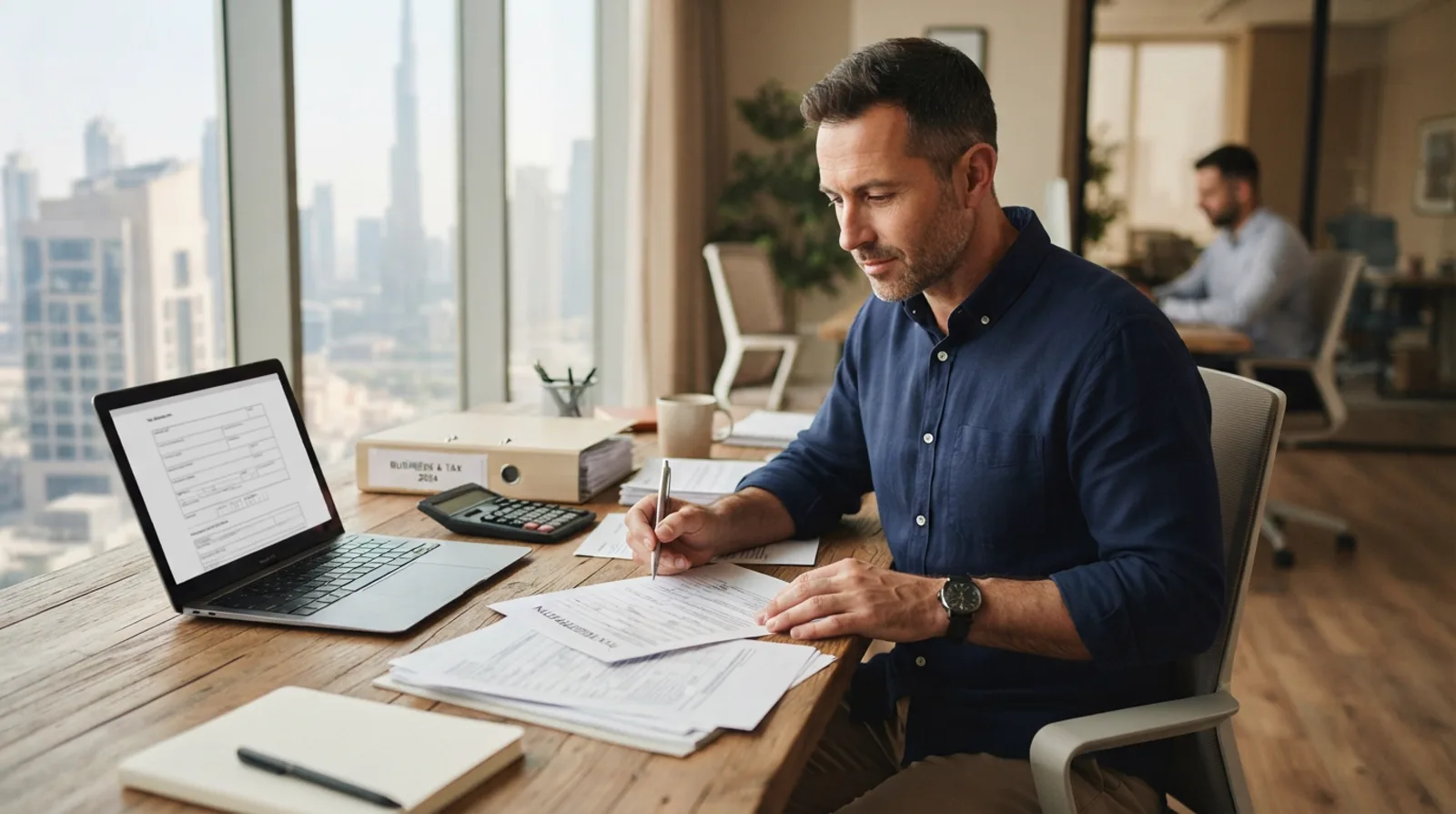 Small business owner reviewing corporate tax registration paperwork in a Dubai office