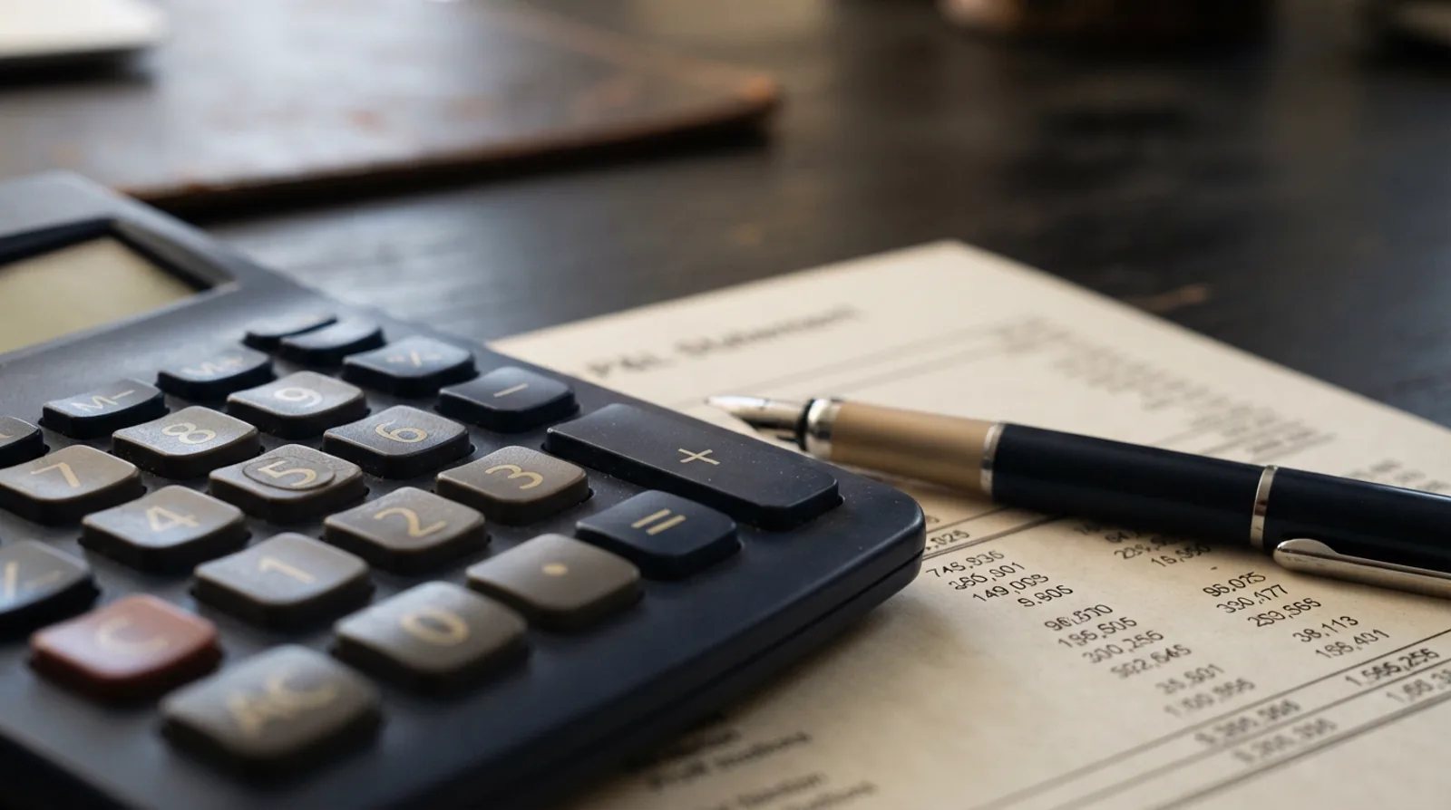 Macro shot of a calculator keypad and the corner of a printed profit and loss statement with a pen resting across it