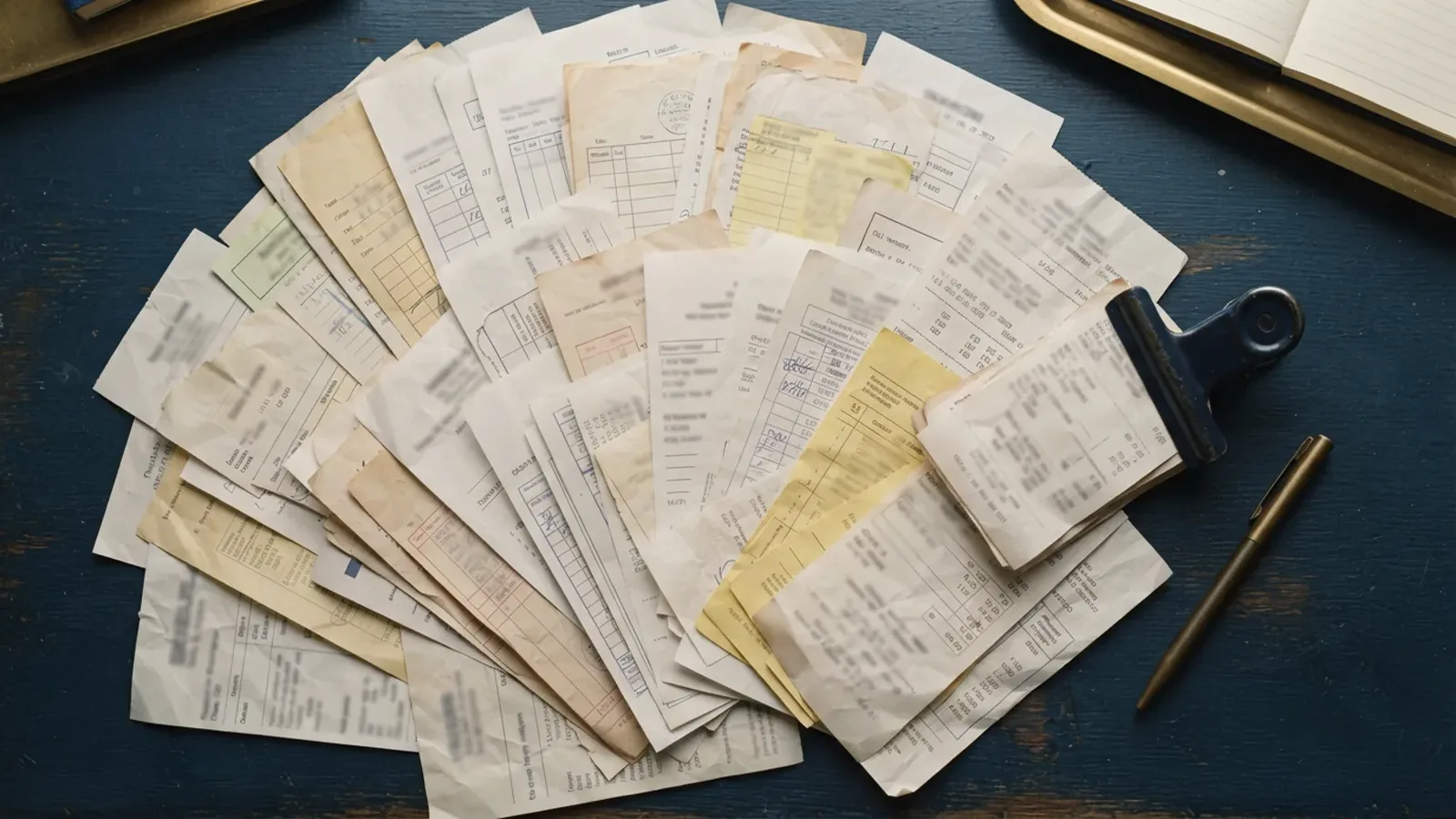 Pile of printed invoices and receipts spread across a navy desk