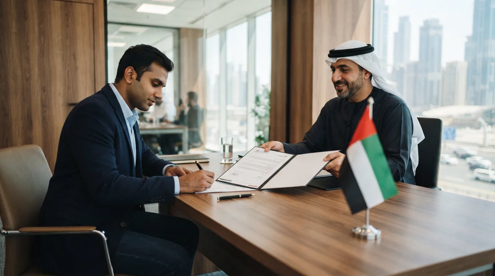 New employee signing a UAE offer letter during an onboarding meeting in a Dubai office