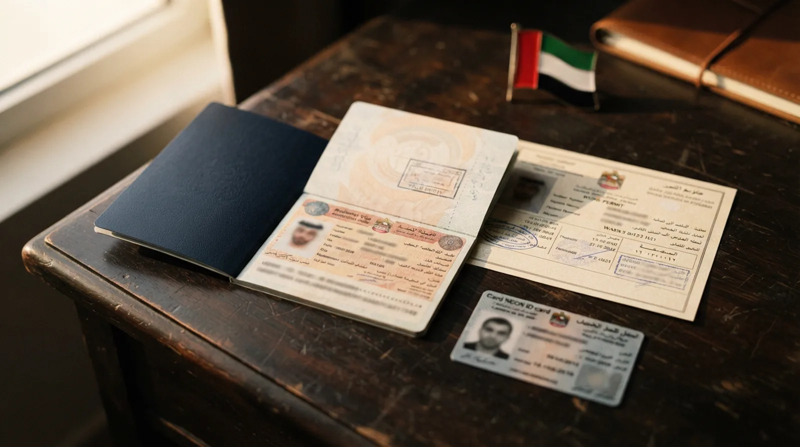 Open passport showing a UAE residence visa page beside a work permit document and an identity card on a dark desk