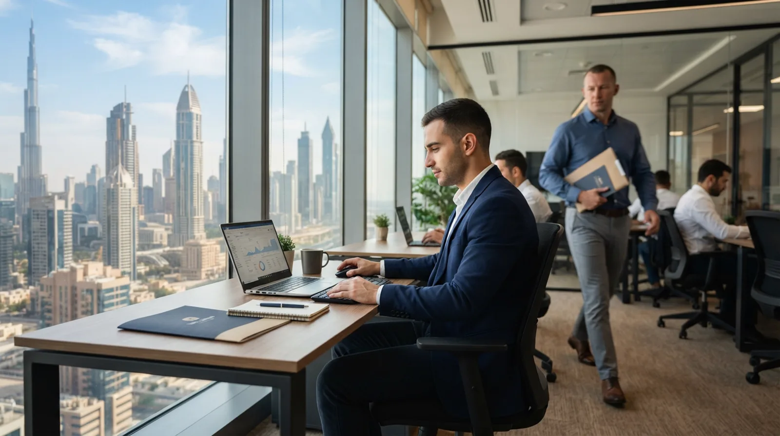 Newly hired man at his first day desk in a Dubai office with a laptop and welcome folder, colleague passing behind
