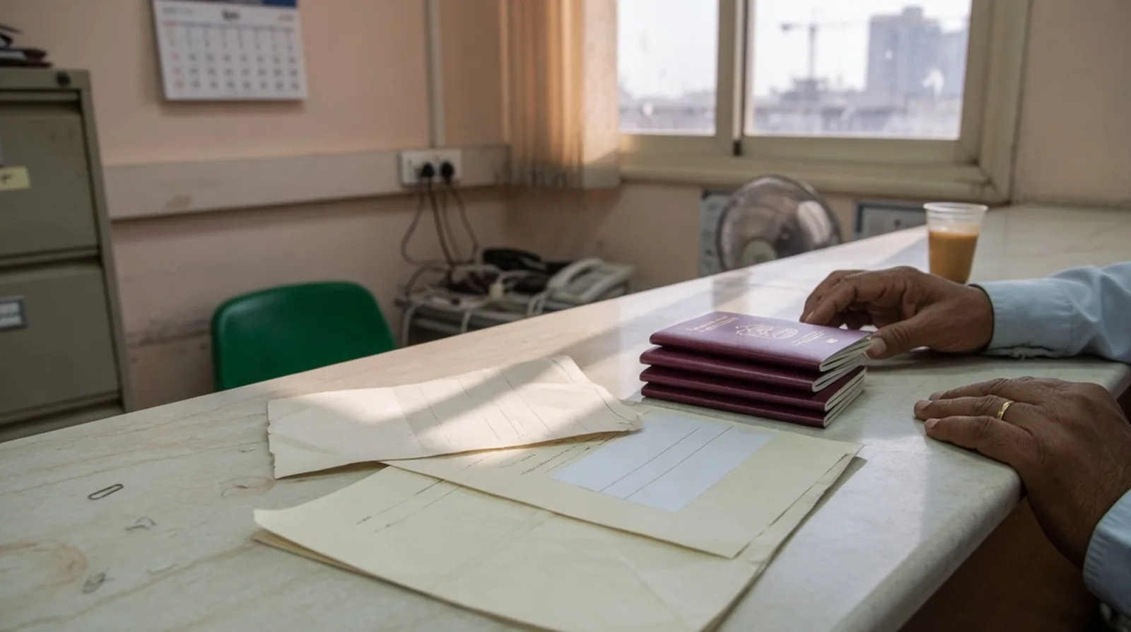 Passports and residence application papers on a Dubai typing centre counter, with the hands of a service agent resting beside them