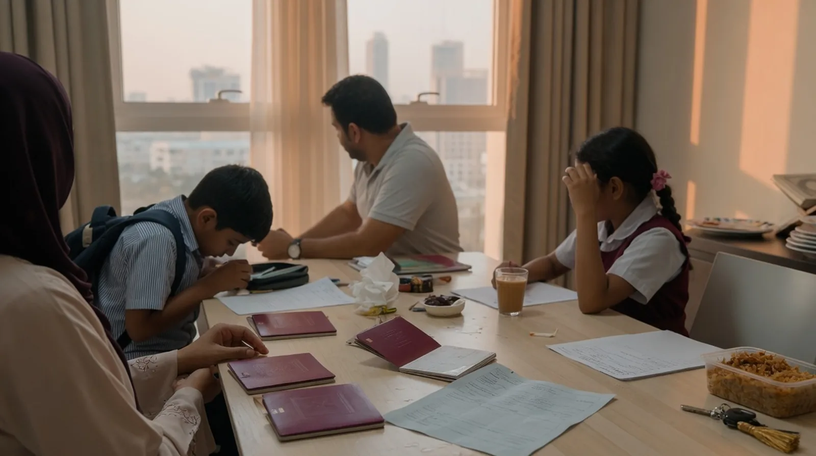 Two adults and two school-age children at a Dubai apartment dining table with four open passports and a folded tenancy contract