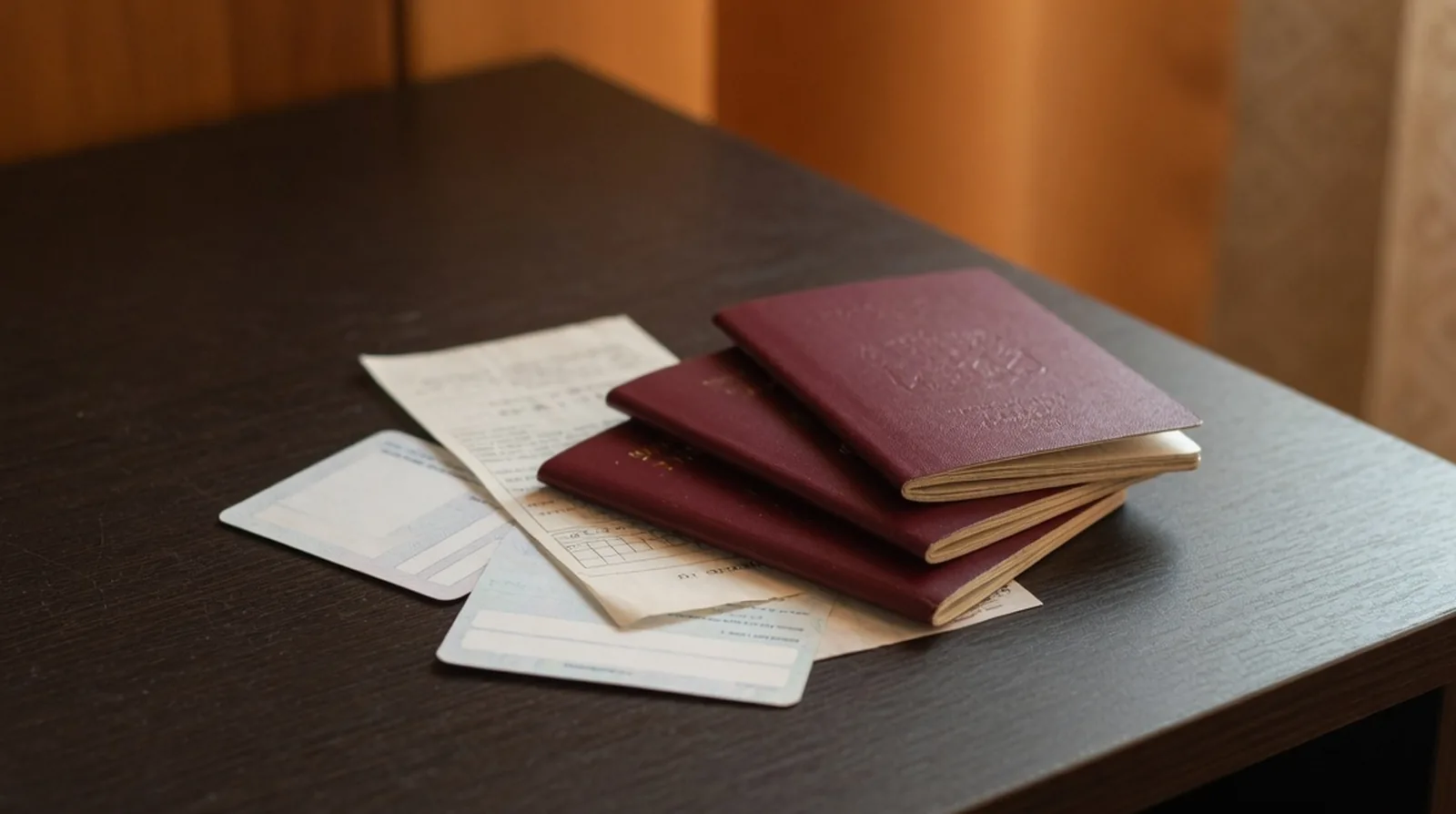 Close-up of a Dubai health insurance card, a printed GDRFA fee receipt and three passports stacked on a dark desk