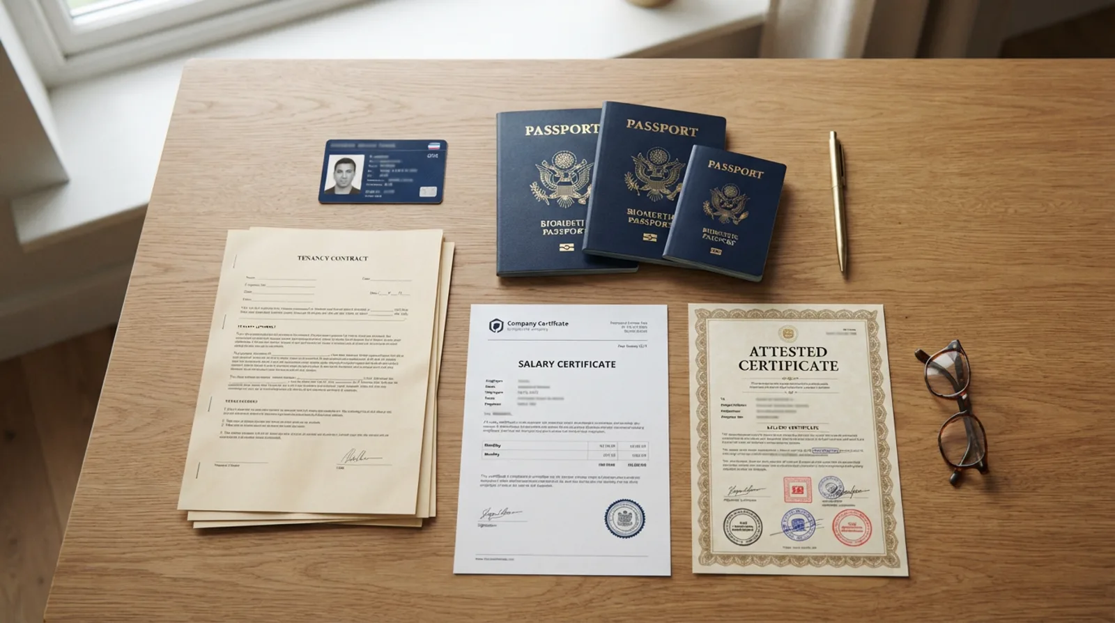 Overhead view of a family visa document set: passports, identity card, salary certificate, tenancy contract and an attested certificate