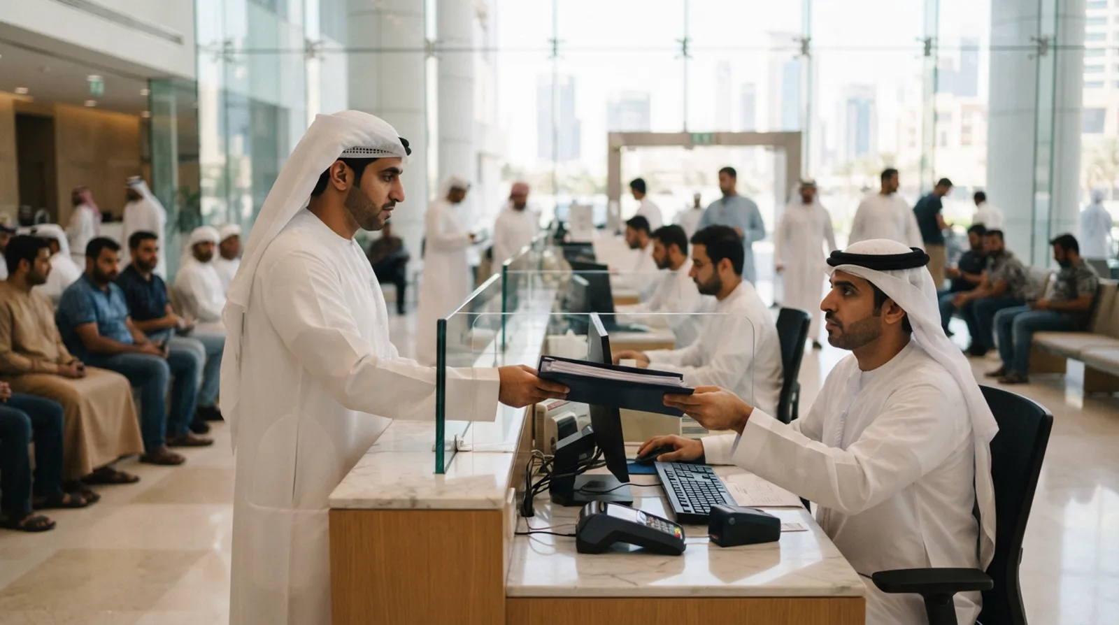 Man handing a family document folder across a service counter to an officer at a Dubai government centre