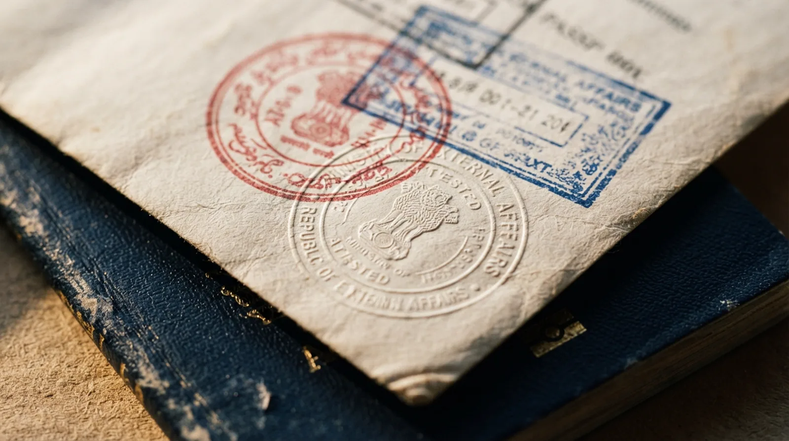 Macro close-up of an attested certificate corner showing overlapping coloured stamps and an embossed dry seal resting on a passport