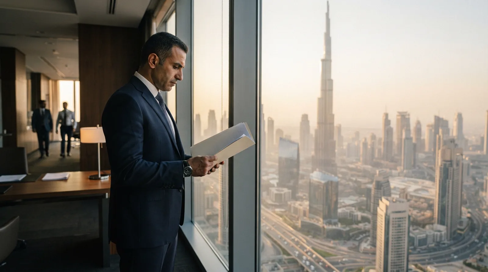 Professional reviewing UAE Golden Visa eligibility documents against the Dubai skyline