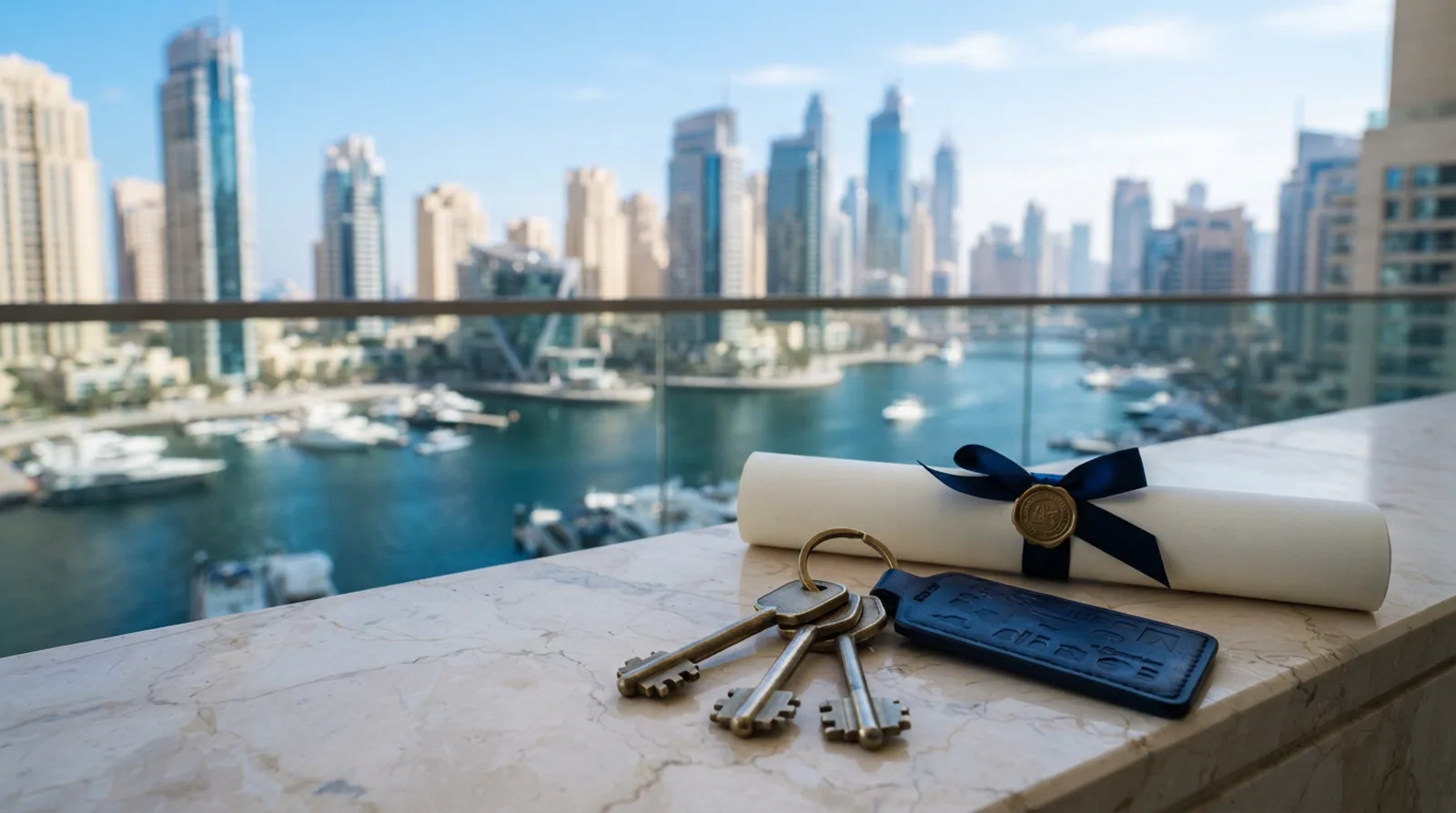 Apartment keys on a keyring and a rolled title deed on a marble ledge with Dubai Marina towers behind