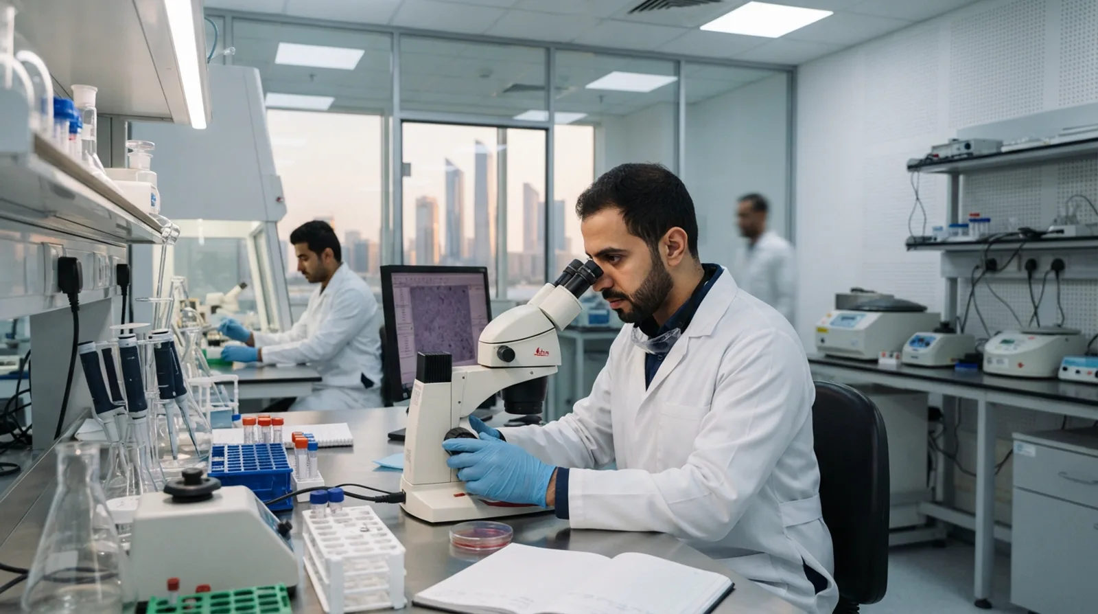 Research scientist in a white coat examining a sample at a bench in a modern UAE laboratory