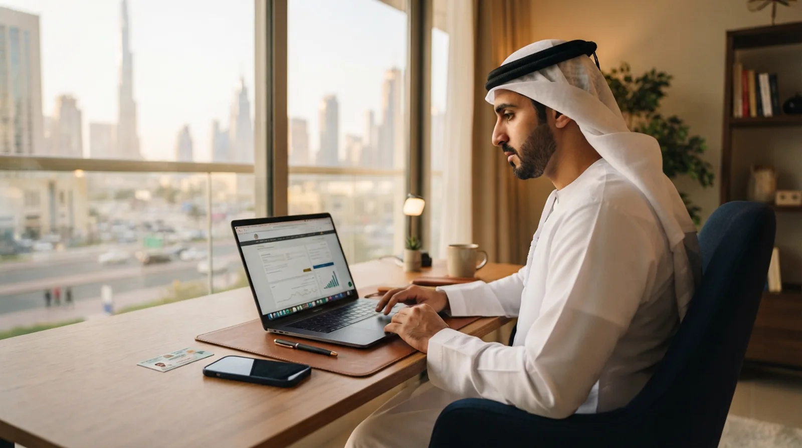 Man at a home desk in Dubai completing a government service on a laptop with an identity card and phone beside him
