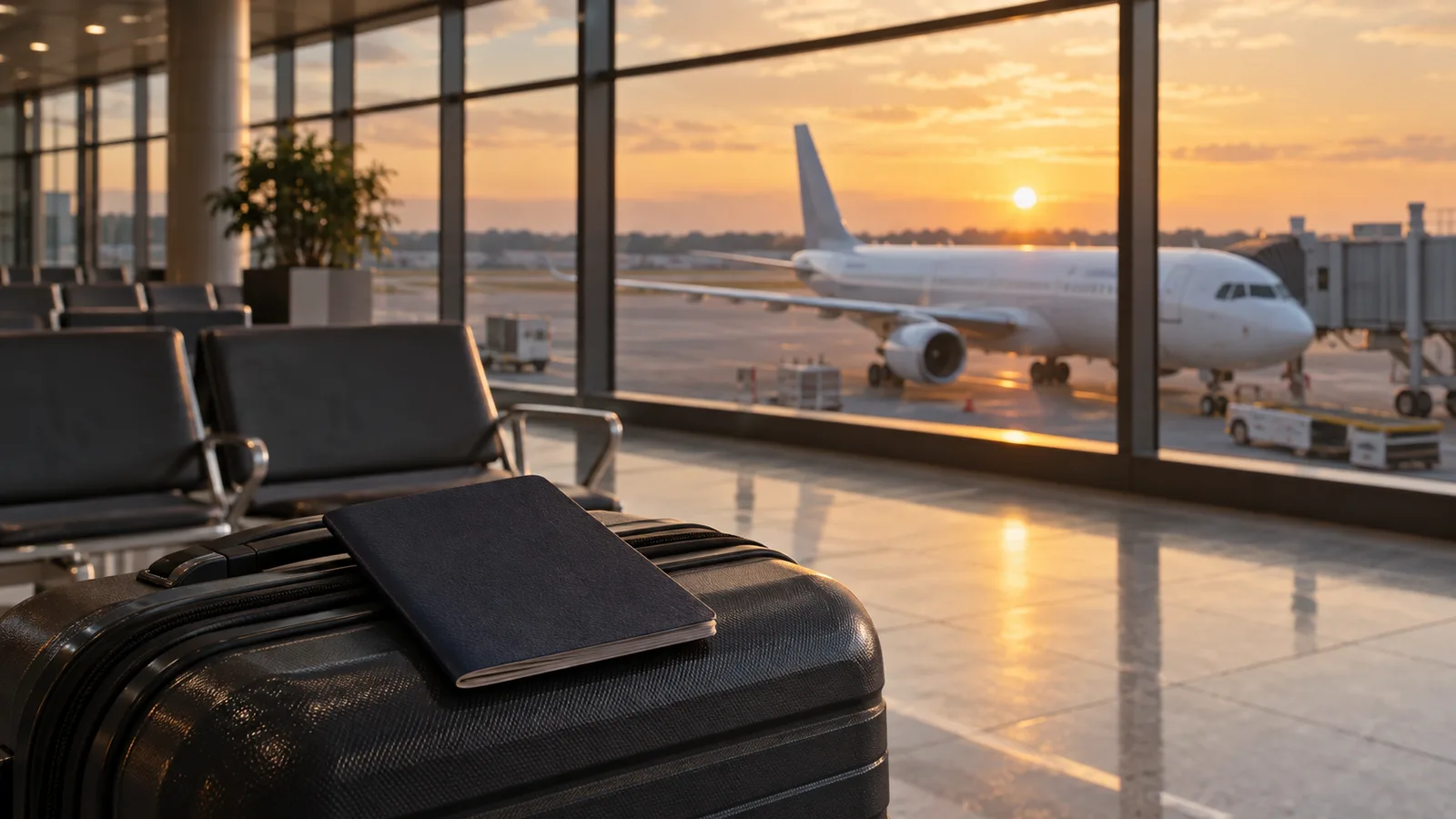 Passport resting on a travel suitcase beside an airport window with a parked aircraft outside