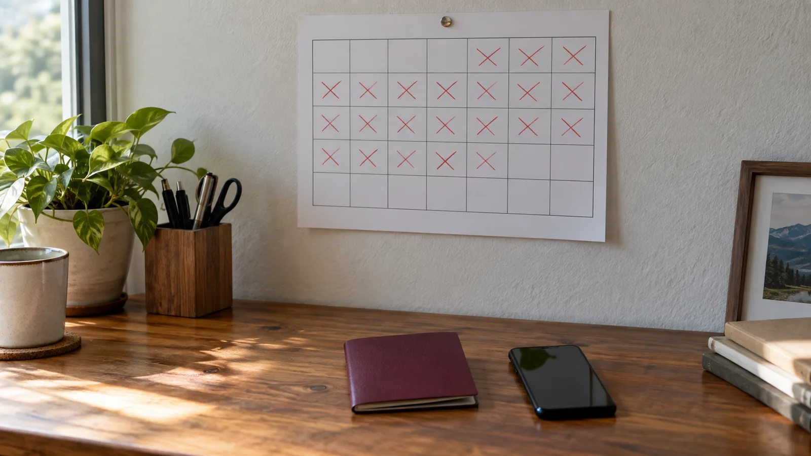 Wall calendar with several weeks marked in pen above a desk with a passport