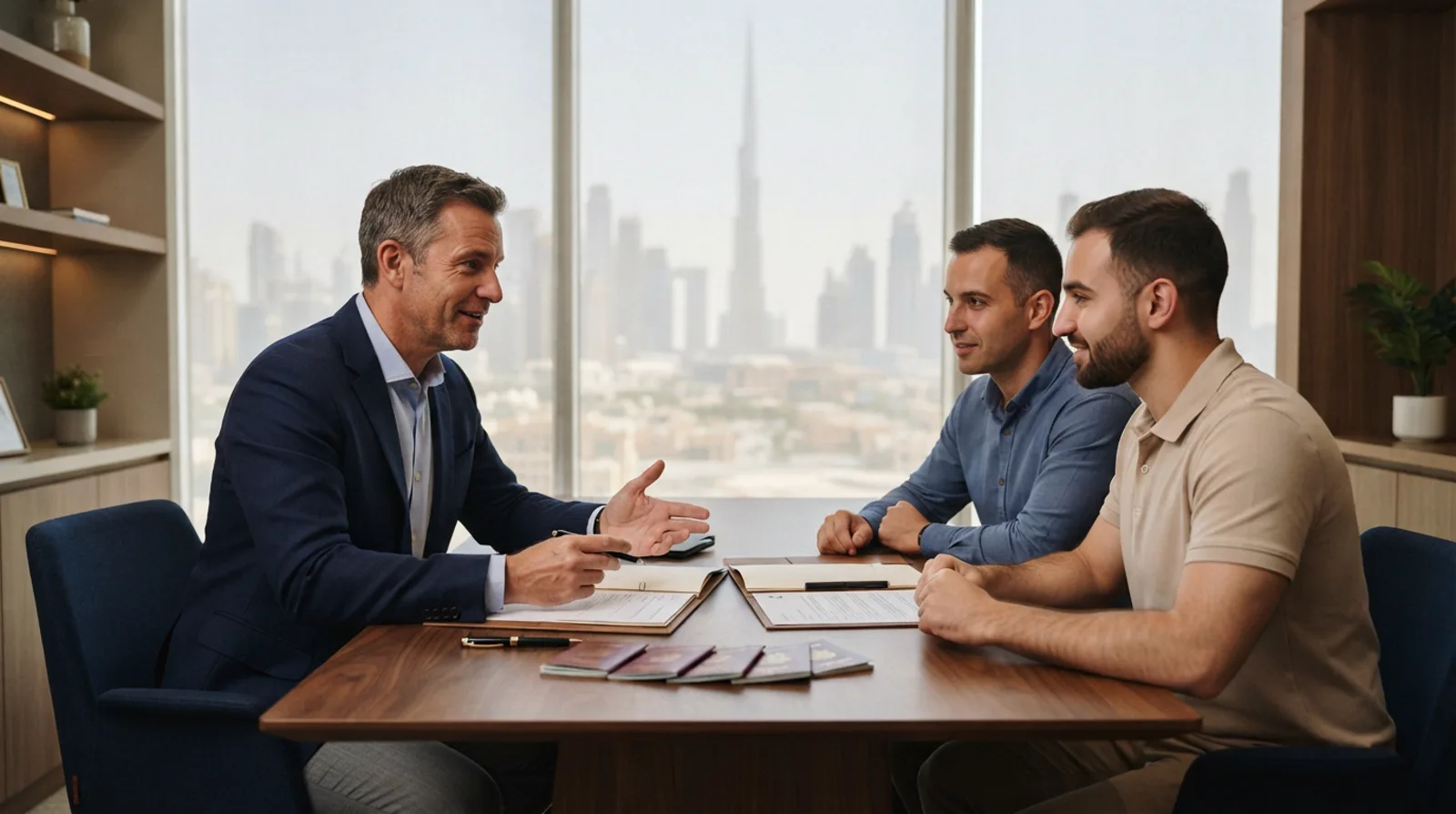 Applicants comparing UAE residence visa options at an immigration advisory meeting in Dubai