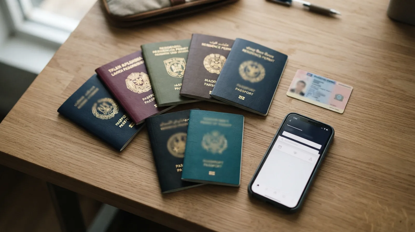 Several passports from different countries fanned on a desk beside a residence permit card and a smartphone