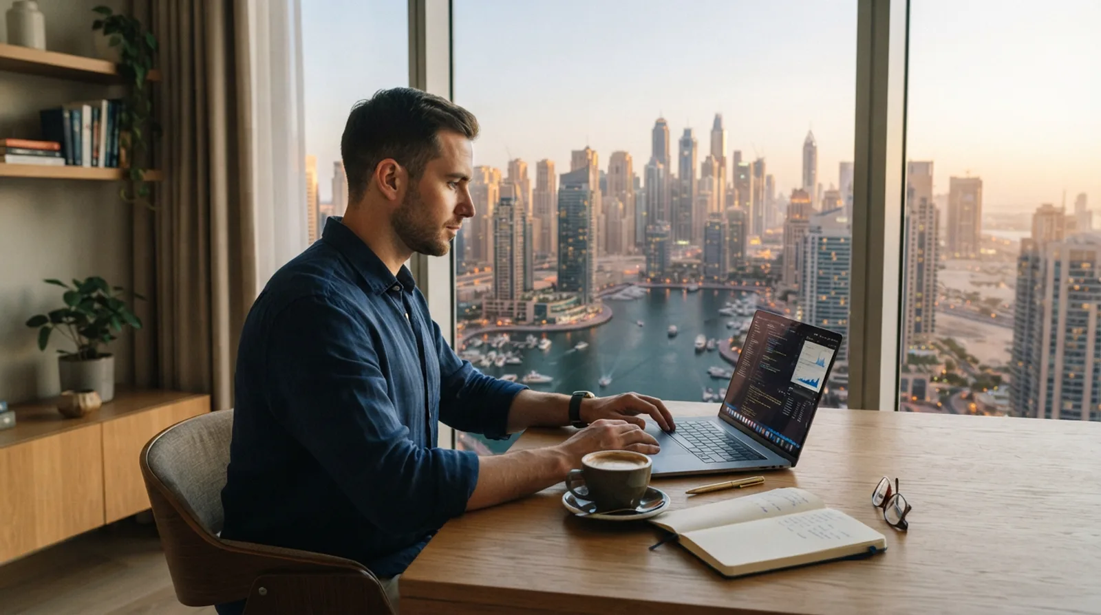 Remote professional working on a laptop at a sunlit apartment desk overlooking Dubai Marina towers
