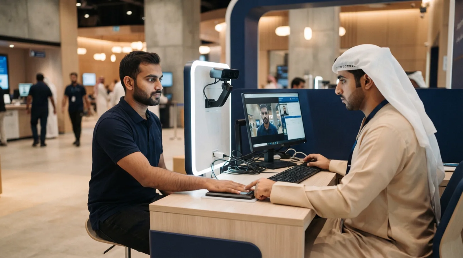 Applicant giving fingerprints at a biometric capture station in a Dubai government service centre