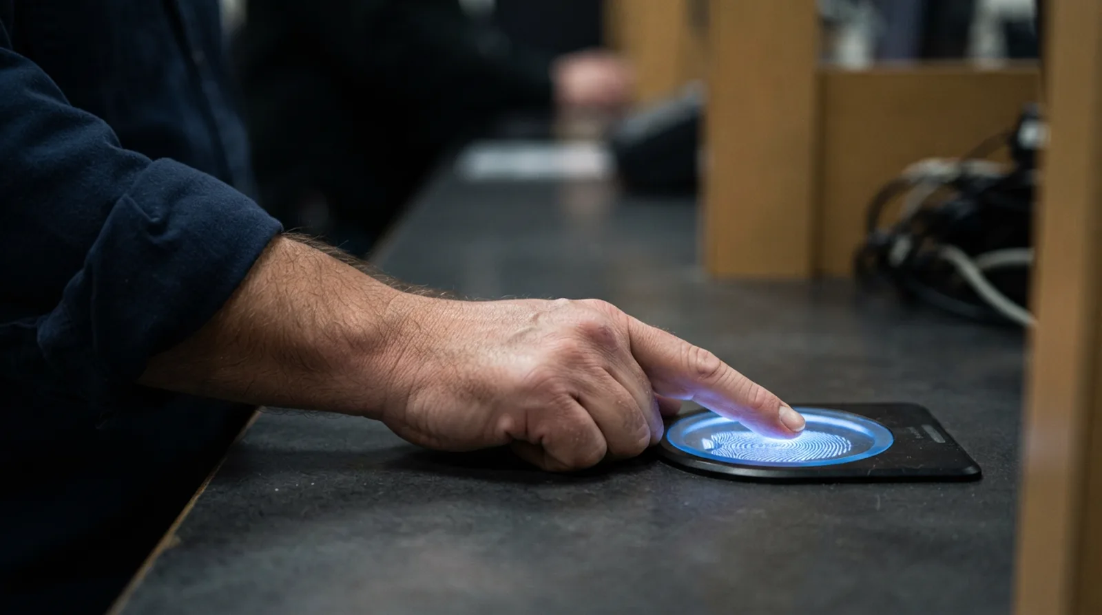 Man seated at a biometric capture station in a Dubai service centre while an officer operates the camera and fingerprint pad