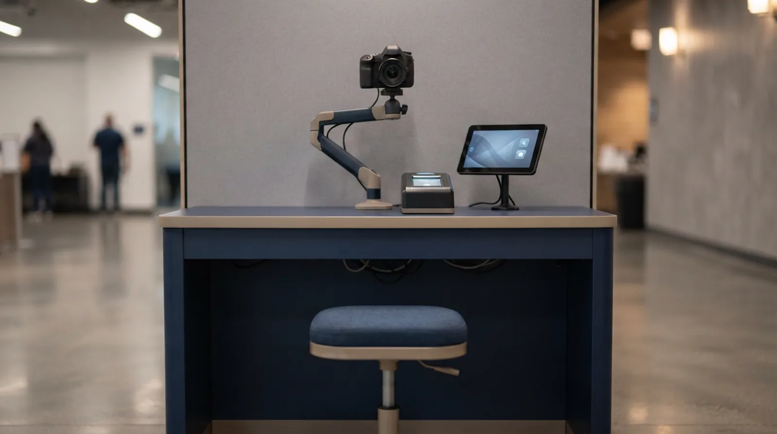 Empty biometric enrolment booth with an adjustable stool, facial-capture camera on a stand and a fingerprint pad