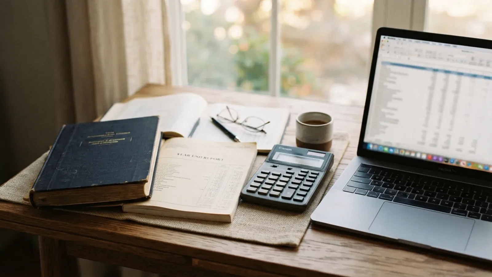 Calculator, notebooks and a laptop spreadsheet on a desk by a window