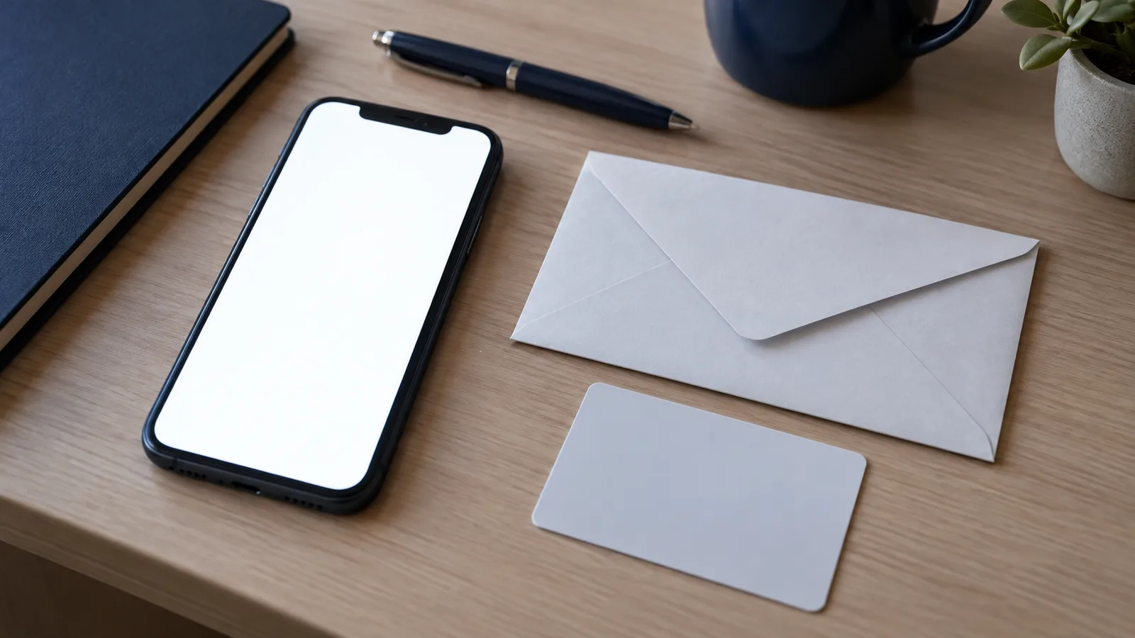 Smartphone showing a blank payment screen beside a payslip envelope and an identity card on a desk