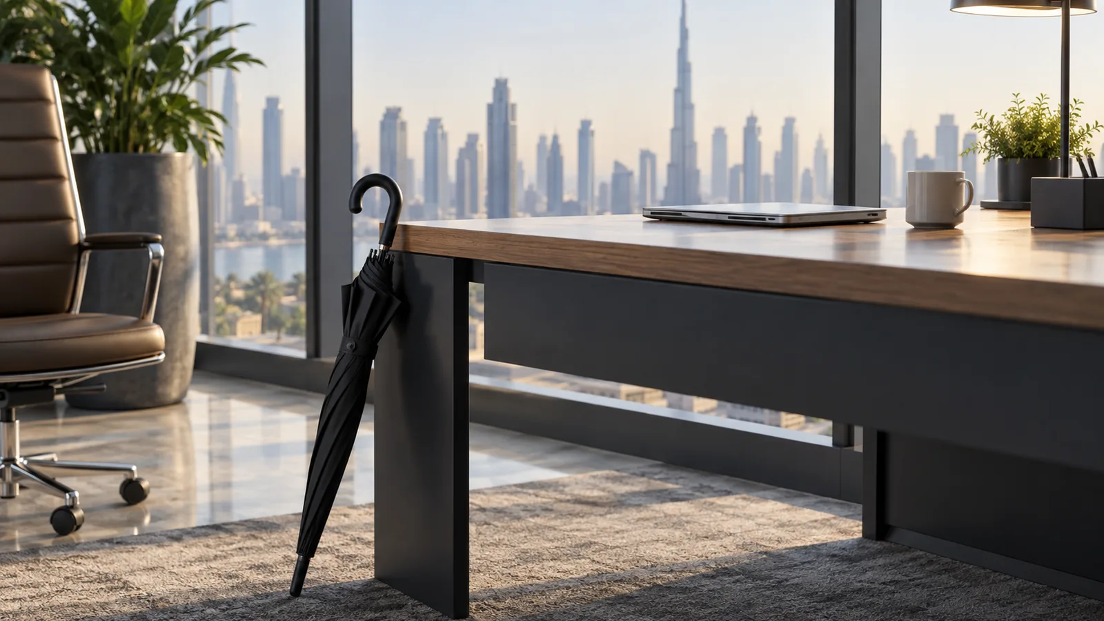 Umbrella leaning against an office desk holding a closed laptop and a coffee cup