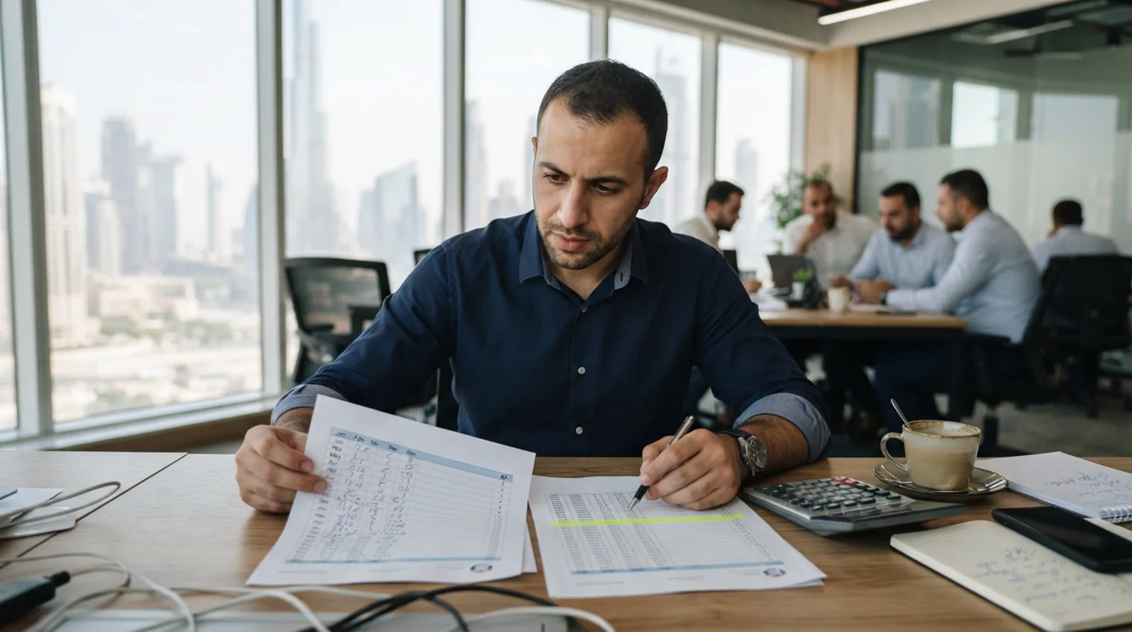 Accountant reviewing twelve months of UAE sales figures against the VAT registration threshold