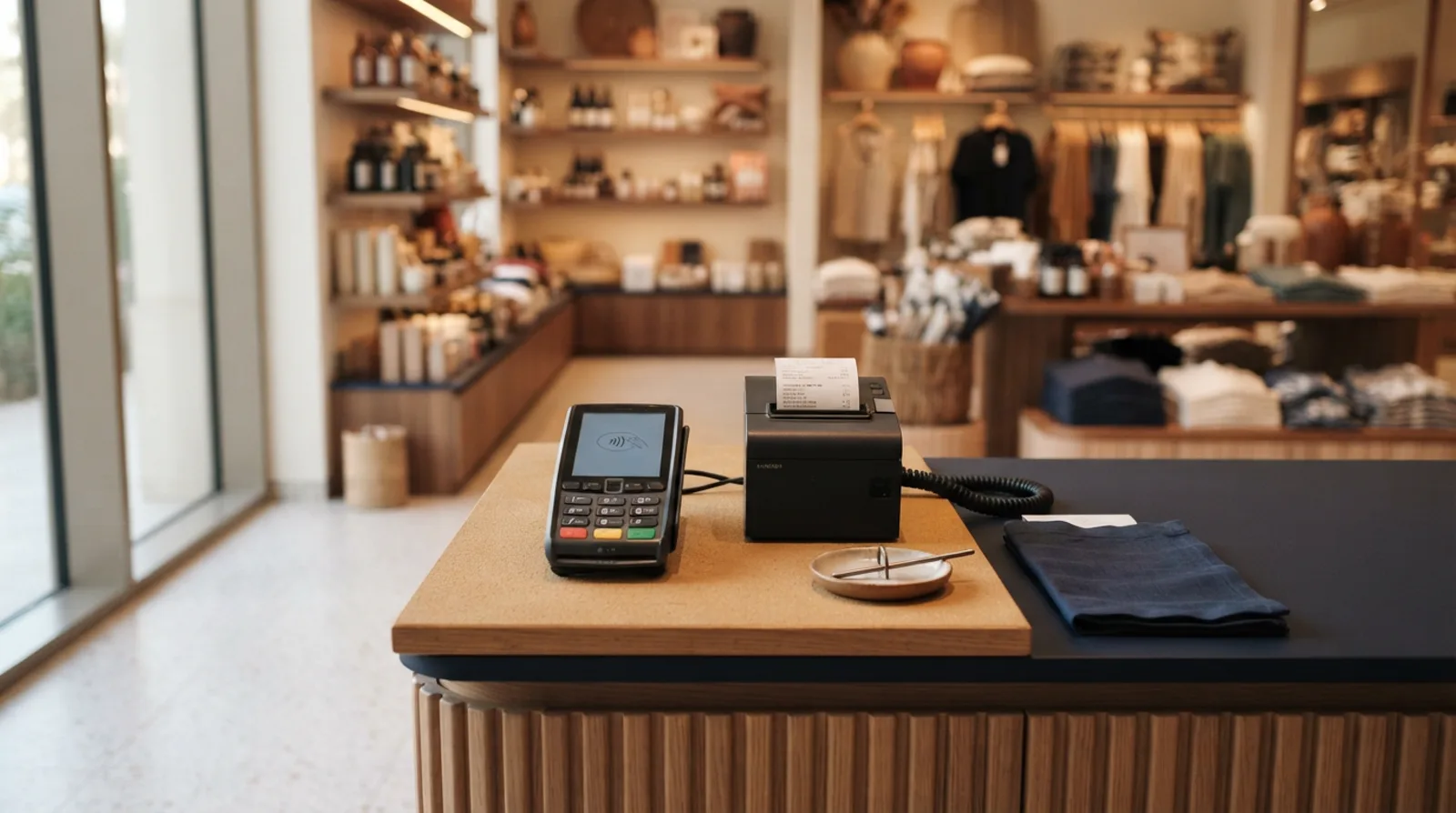 Modern retail checkout counter in a Dubai store with a card terminal and receipt printer in sharp focus
