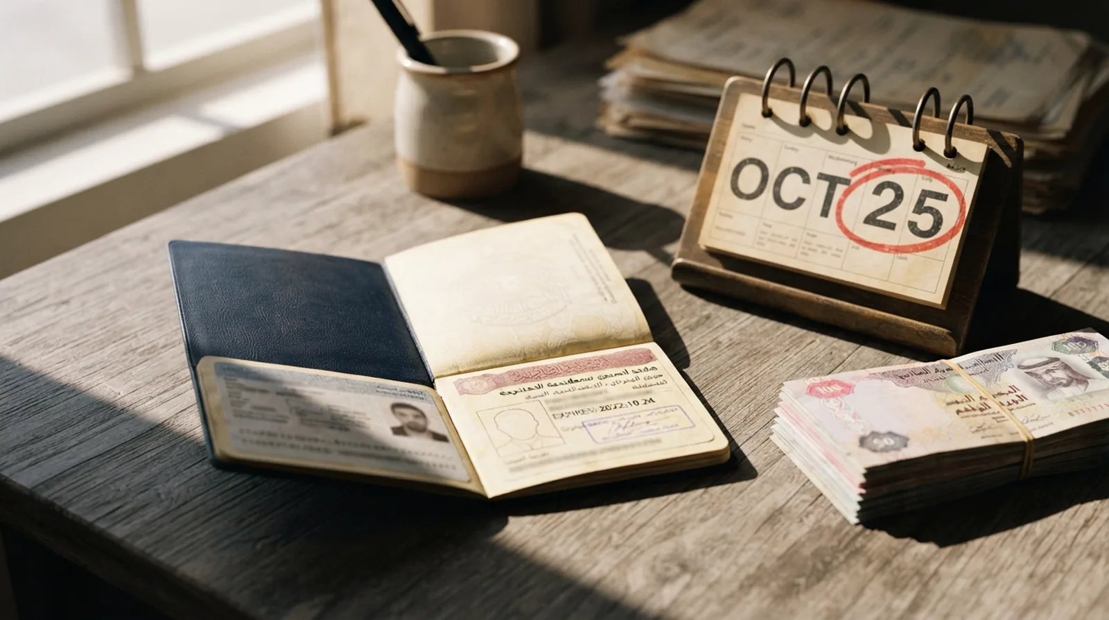 Passport with an expired UAE residence permit page beside a calendar marking a grace period