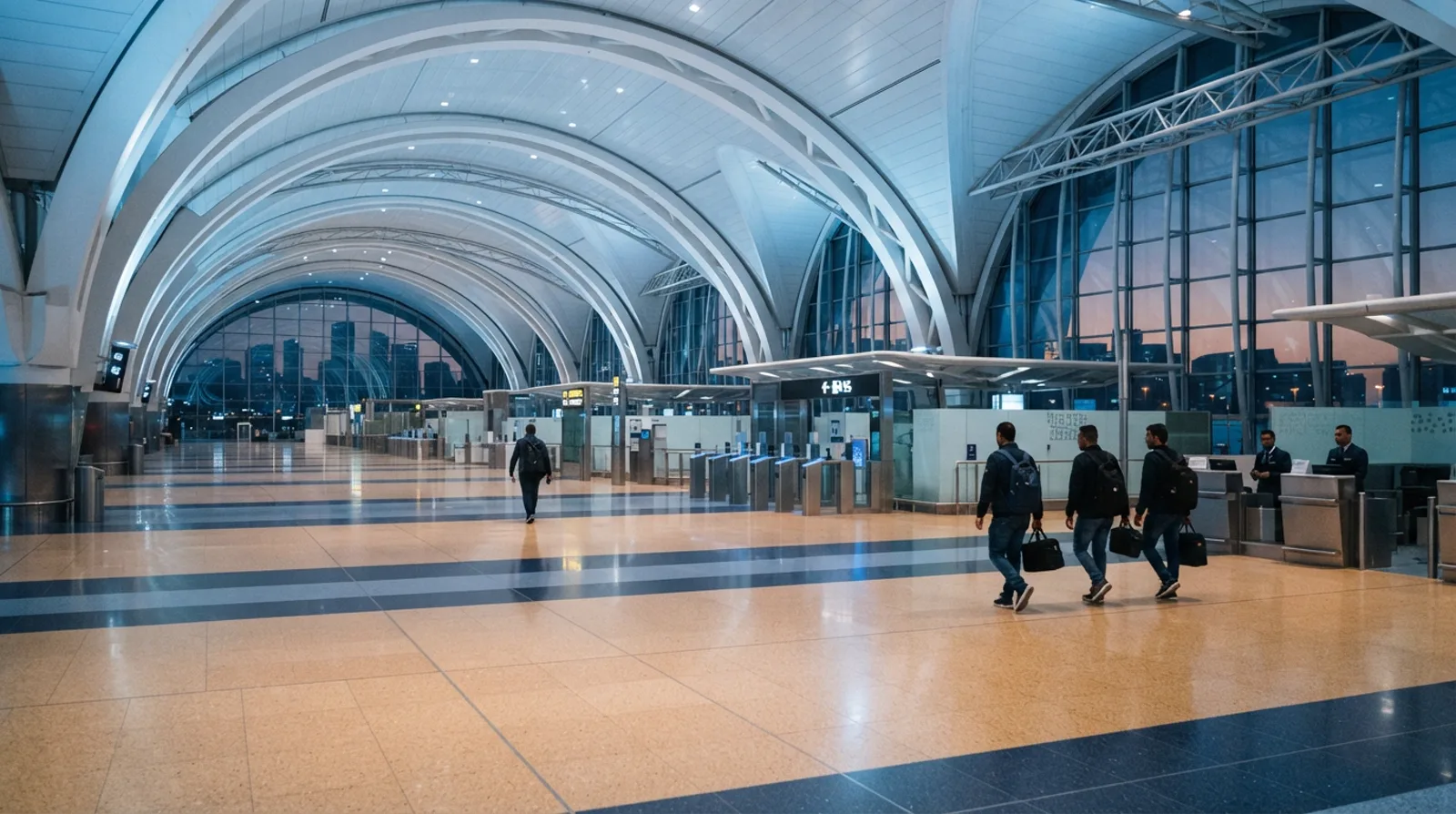 Departures hall at Dubai International Airport at dawn with a soaring white arched ceiling and immigration e-gates