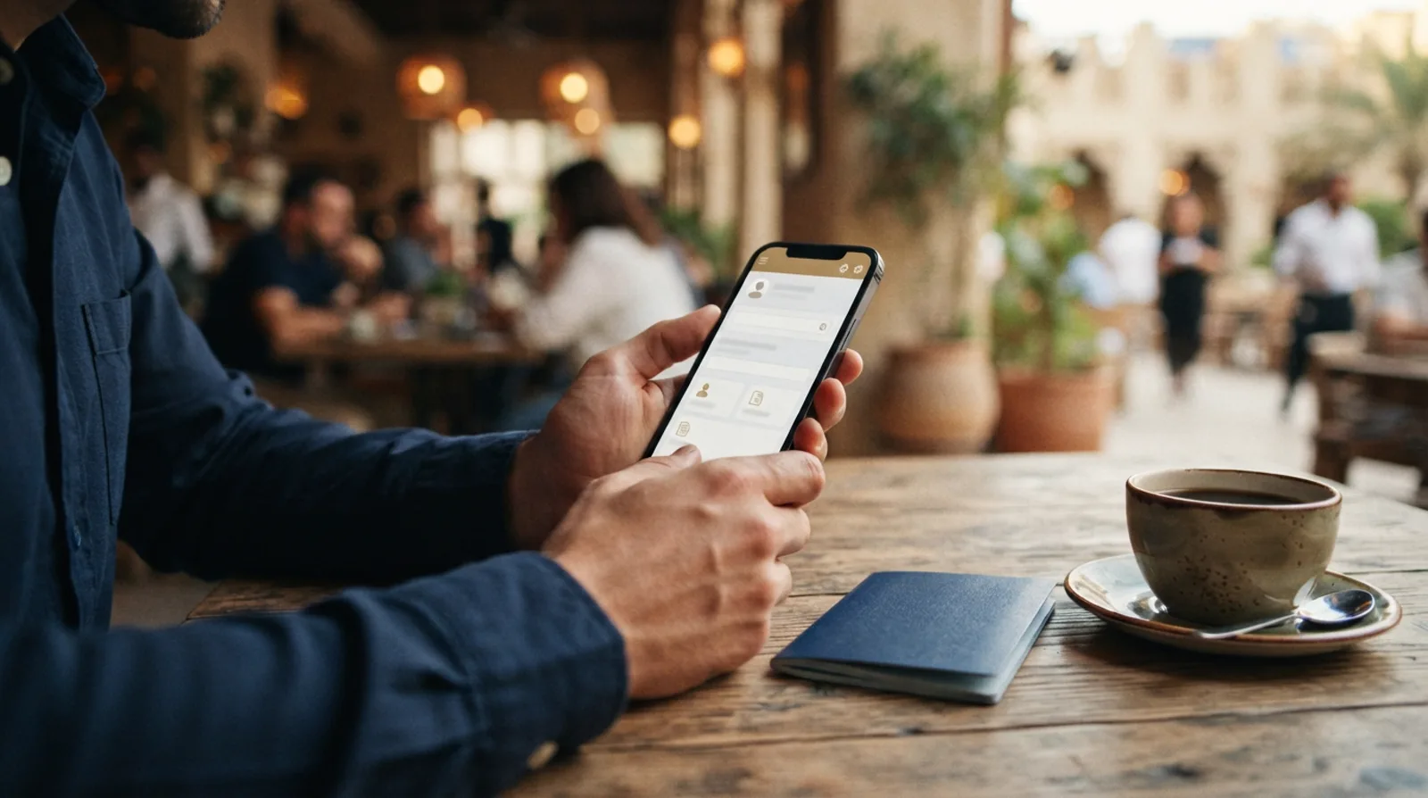 Man checking a government services app on his phone at an outdoor cafe table in Dubai, passport beside his coffee