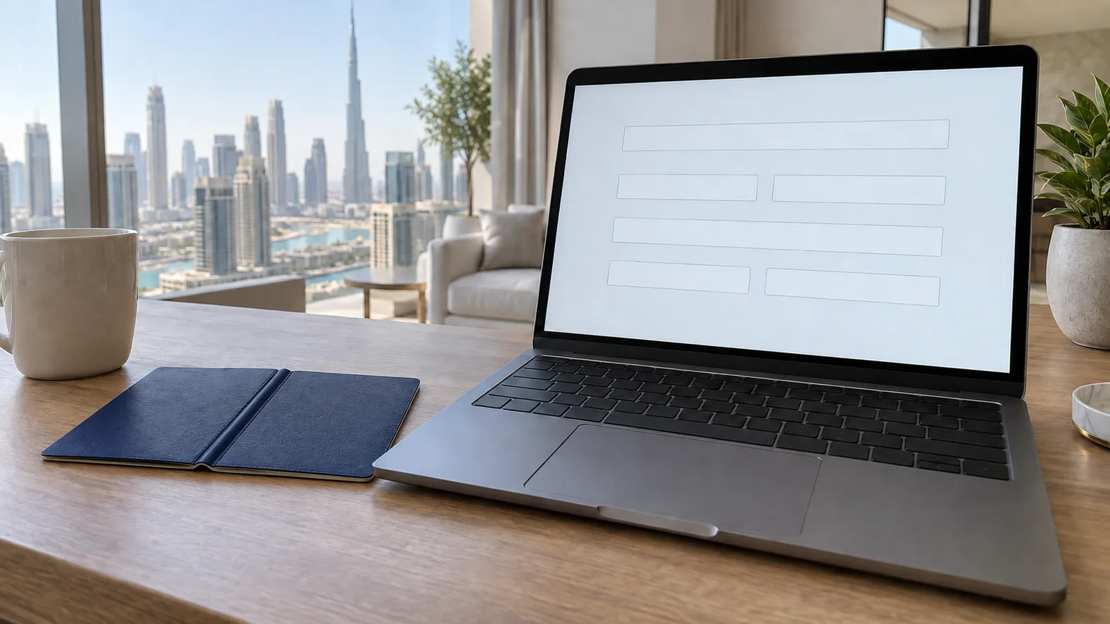 Passport open beside a laptop showing a blank search screen on a desk