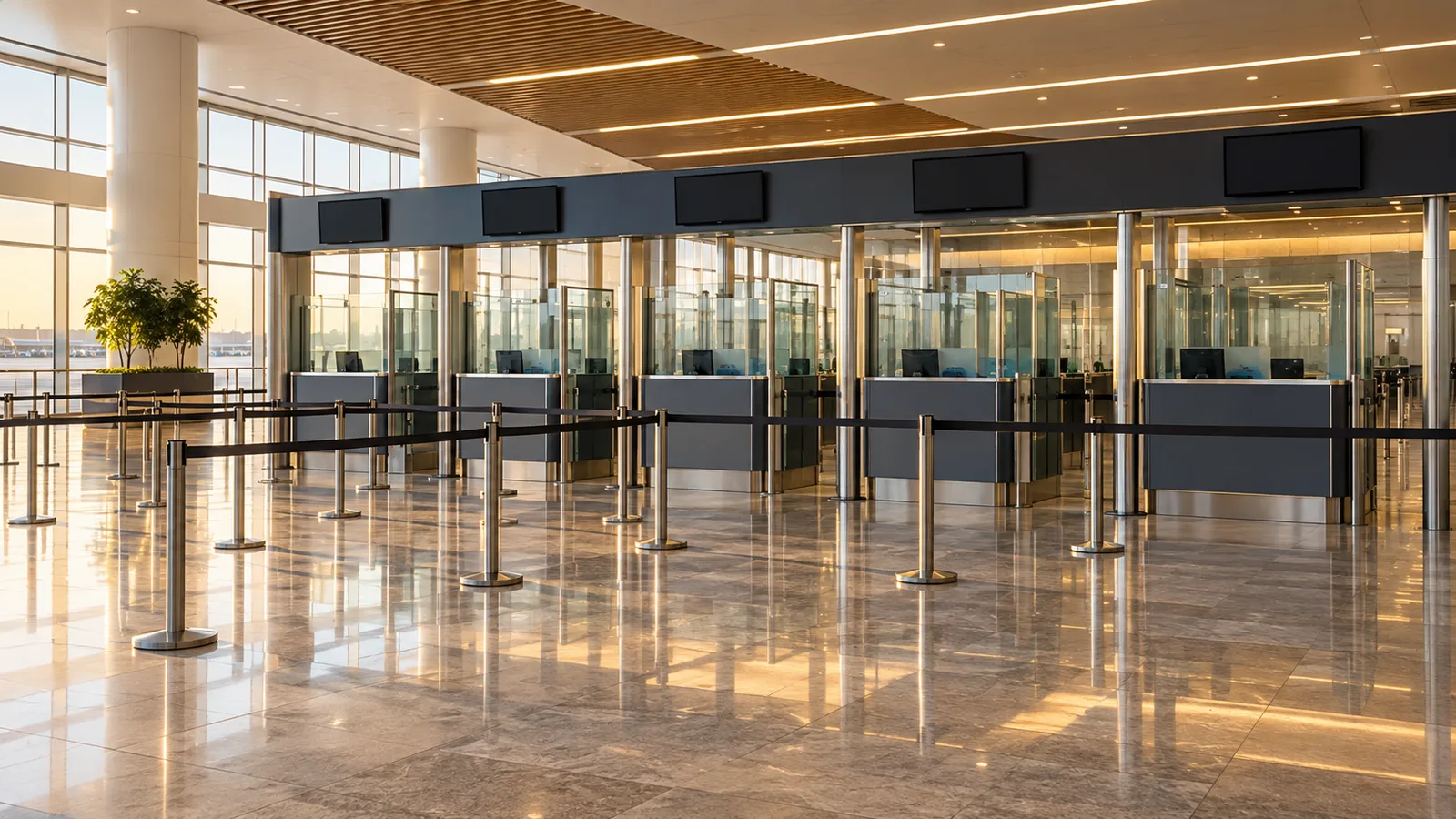 Airport arrivals hall with an empty passport control desk