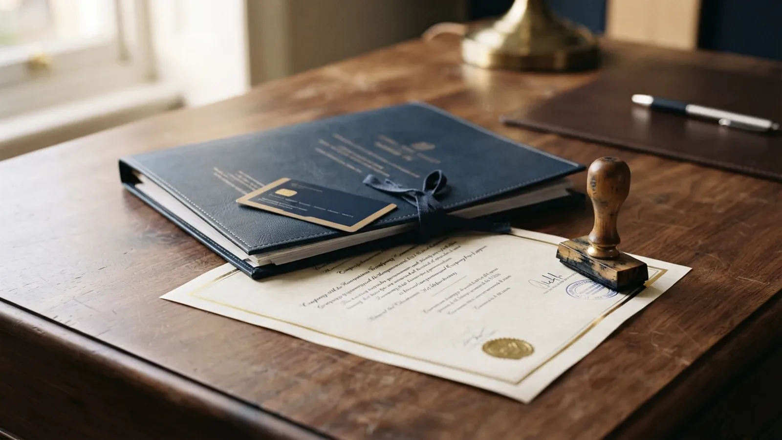 Navy company binder, rubber stamp and a sealed certificate on a wooden desk
