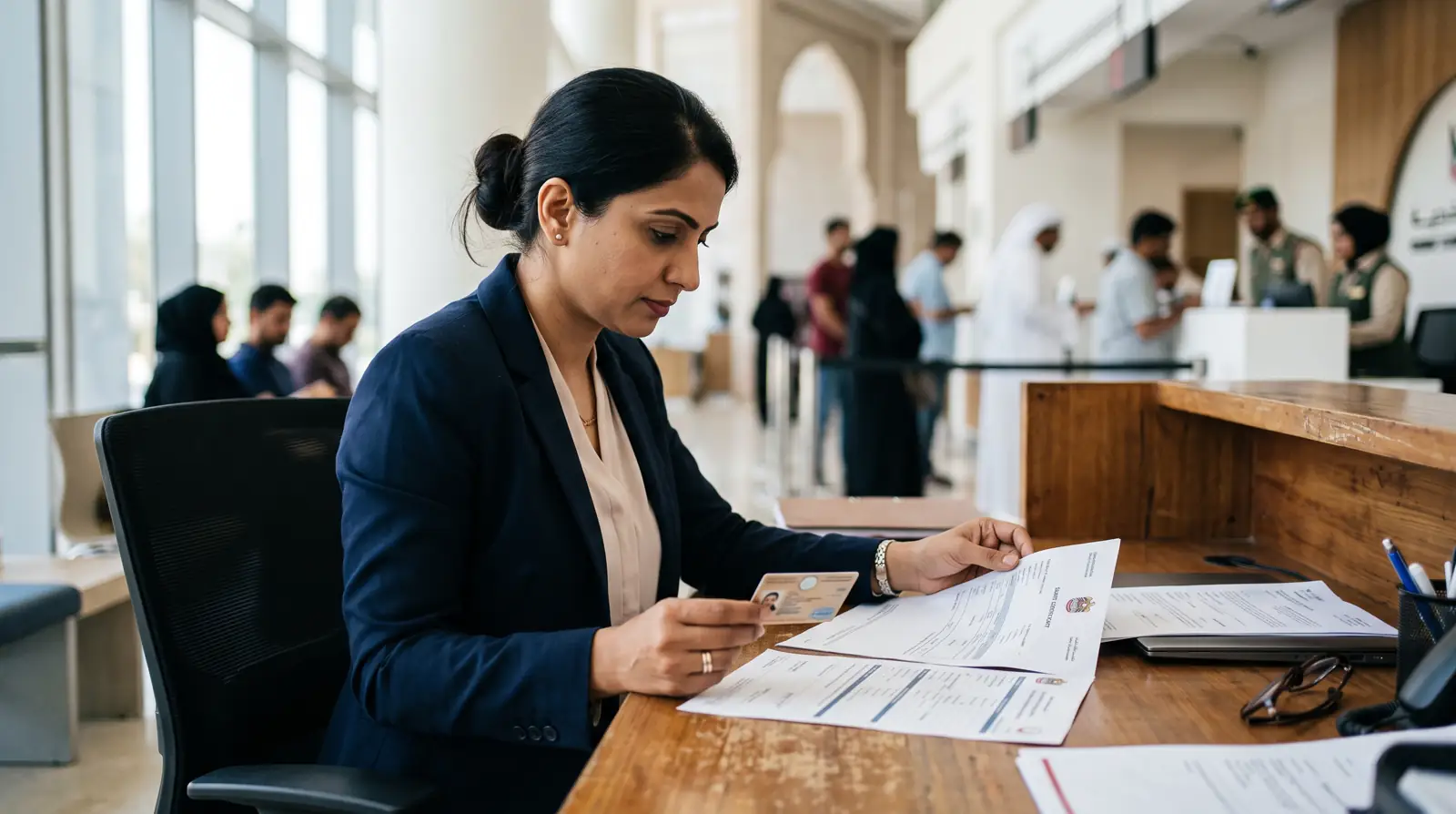 A woman reviewing a residence permit and salary certificate for a family sponsorship application in Dubai