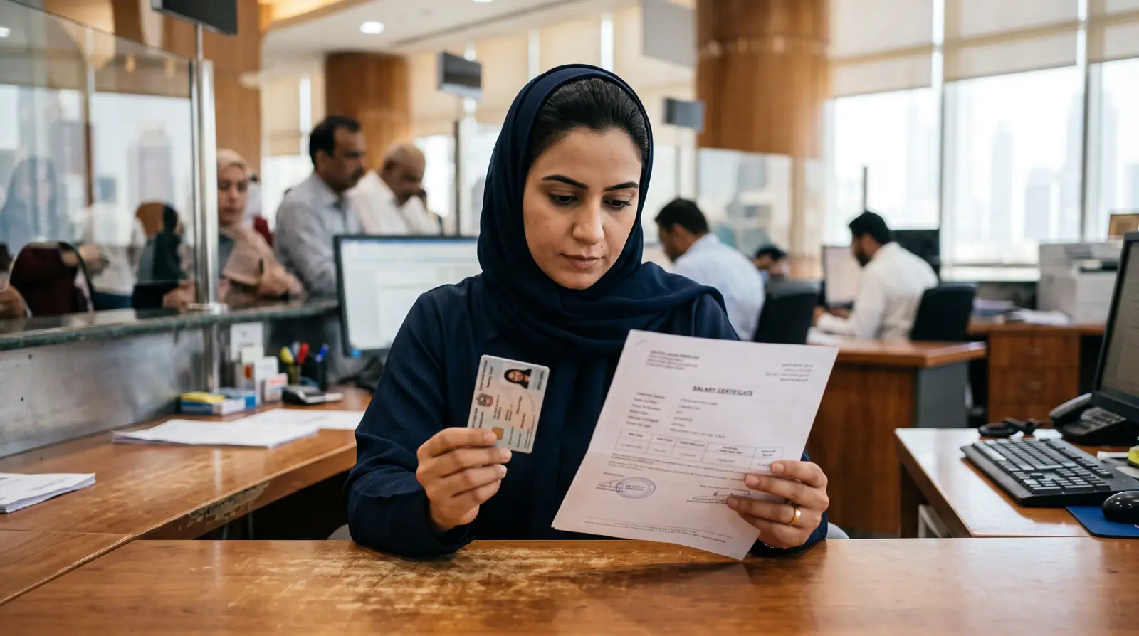 A woman reviewing her residence permit and salary certificate for a family sponsorship application at a Dubai service centre