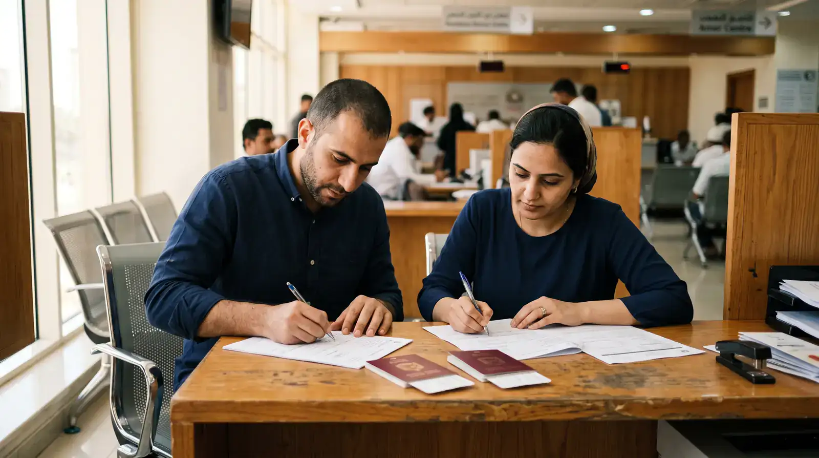 A couple completing residence visa paperwork together at a Dubai Amer service centre counter