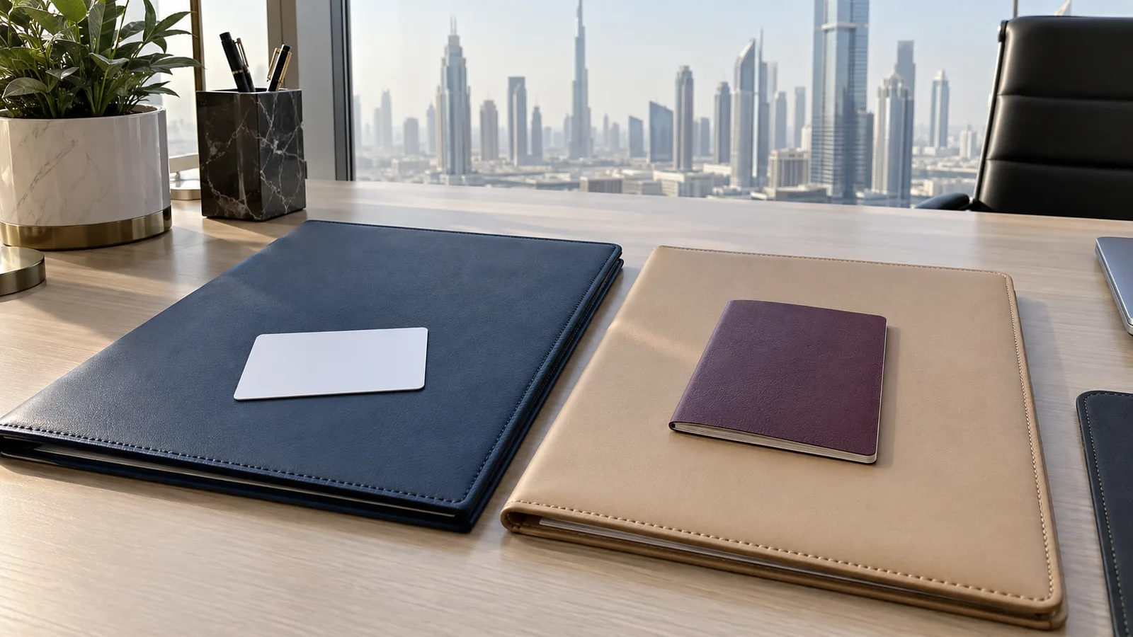 Two separate document folders on a desk, one beside an identity card and one beside a passport