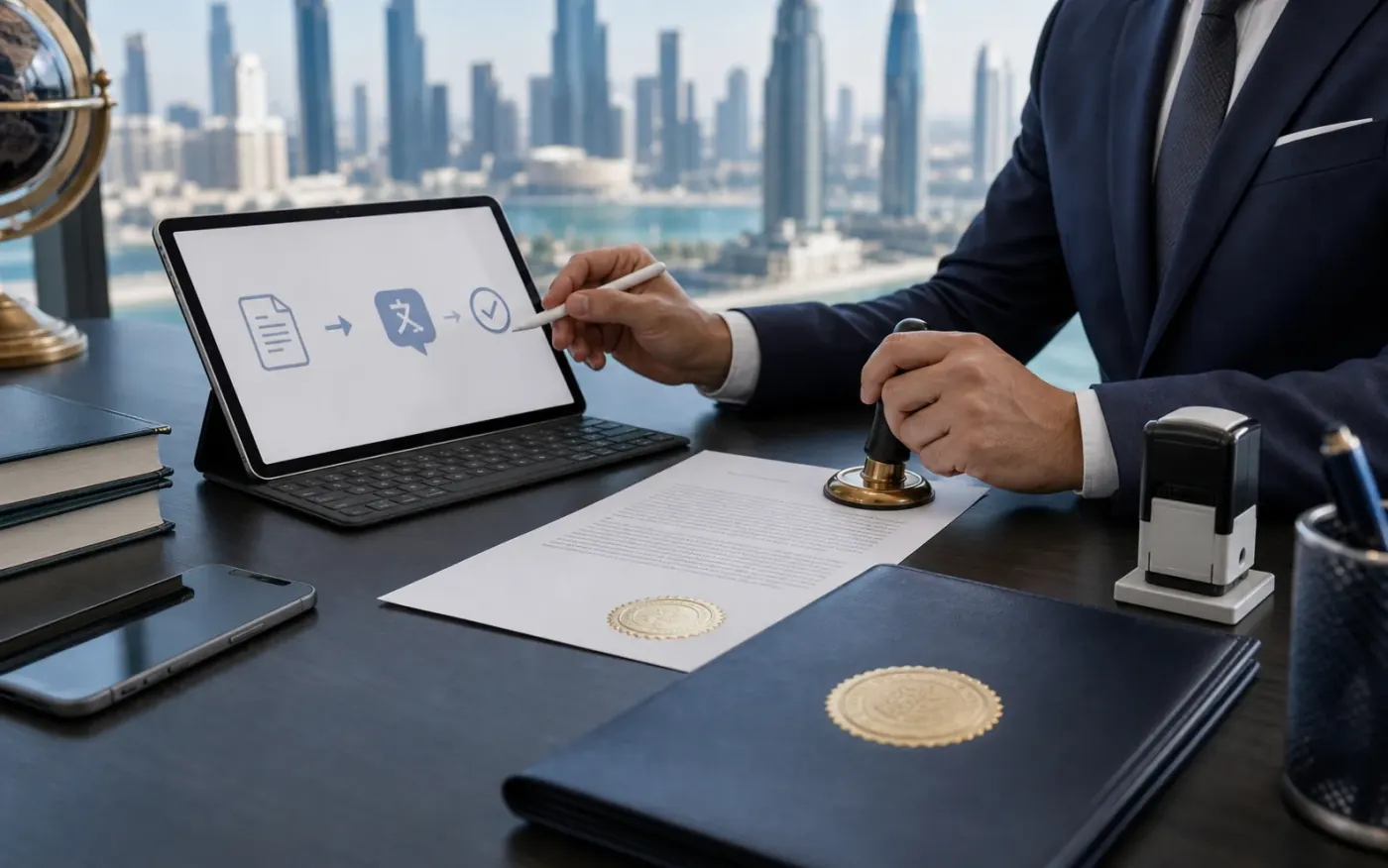 Certified translator stamping an attested legal document at a Dubai translation desk