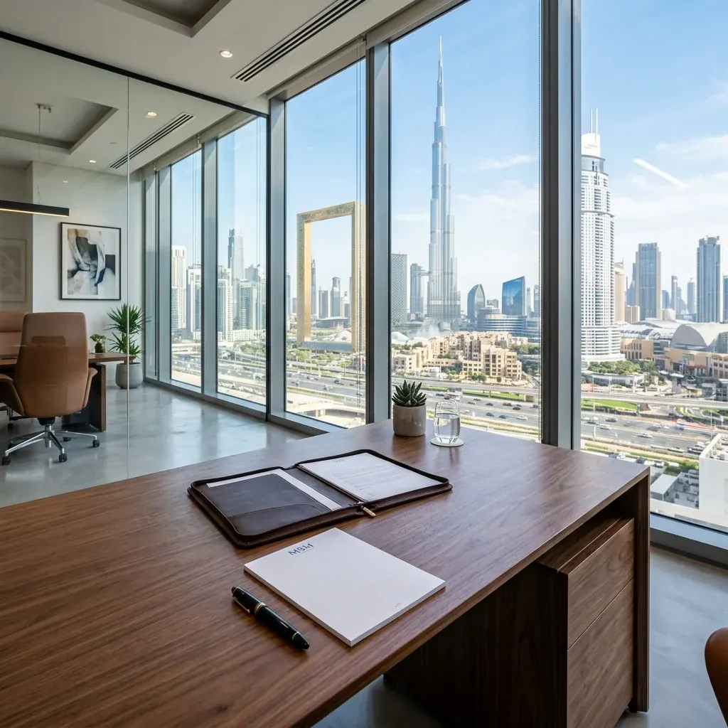 Business setup documents on a Dubai office desk
