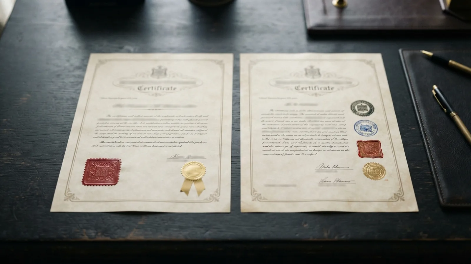 Two officially stamped documents side by side on a desk for comparison