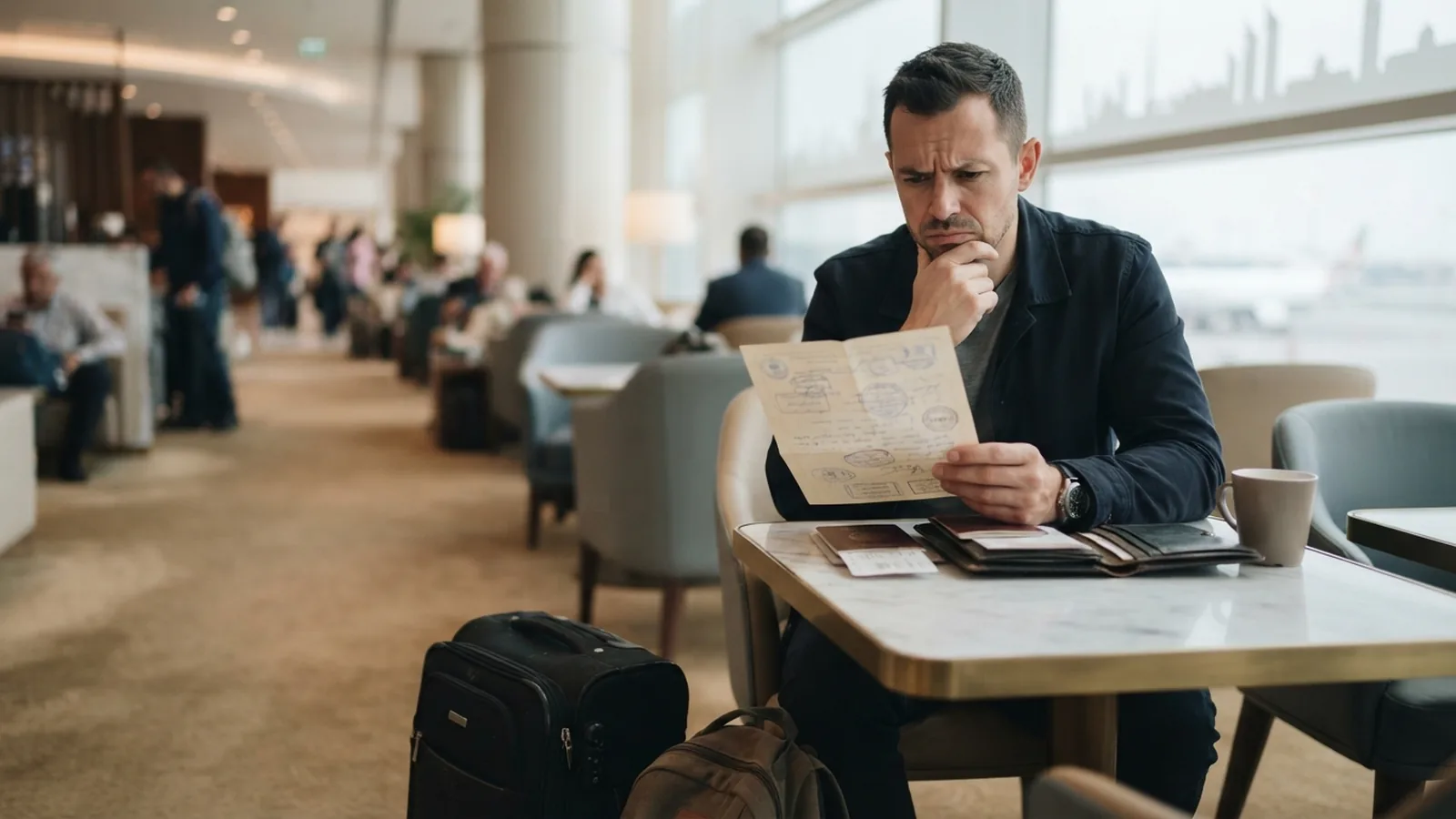 Traveller reviewing a stamped certificate at a Dubai arrivals lounge table