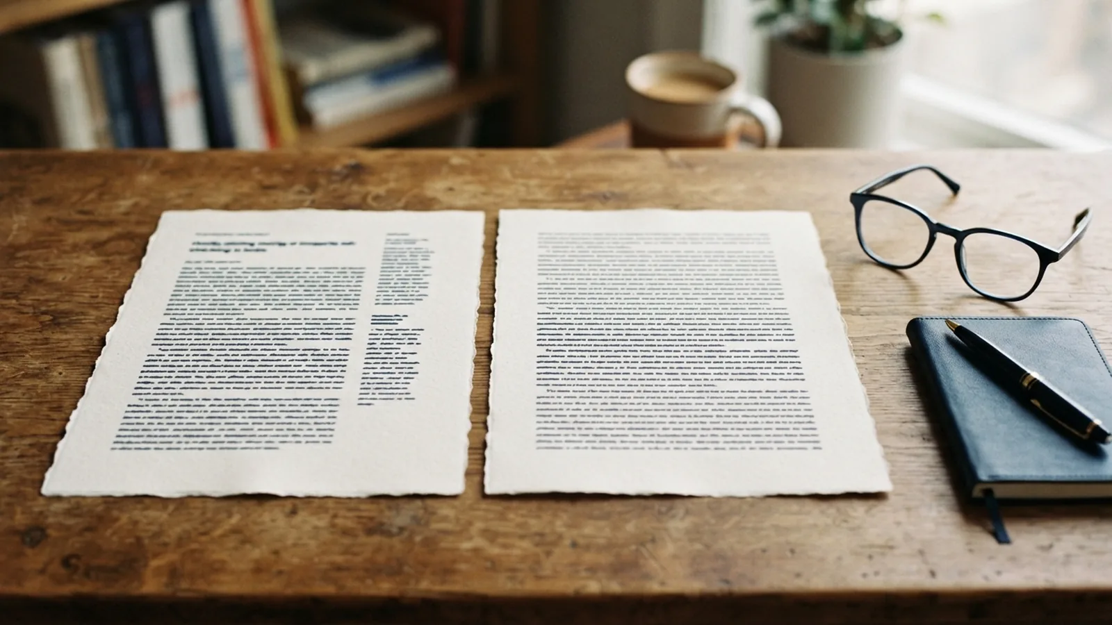 Two document pages side by side on a desk beside reading glasses and a pen