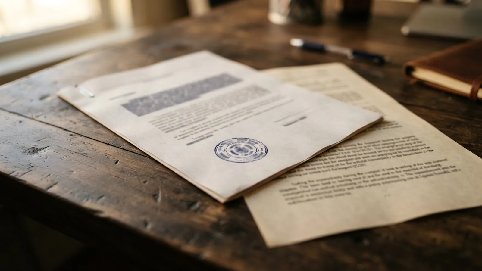 Translated document bound with a stamp beside the original