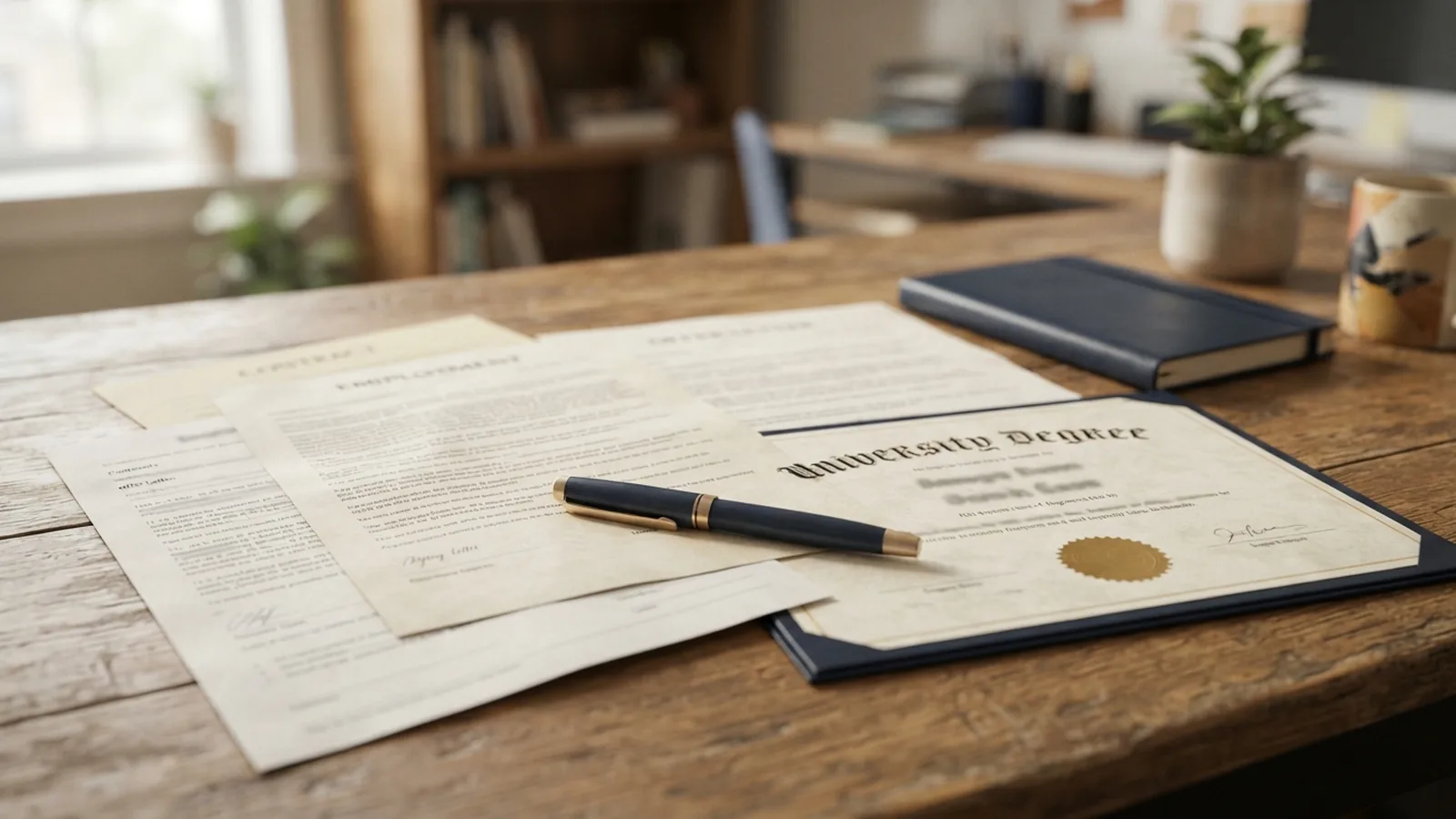 Business documents spread on an office desk with a pen resting on top