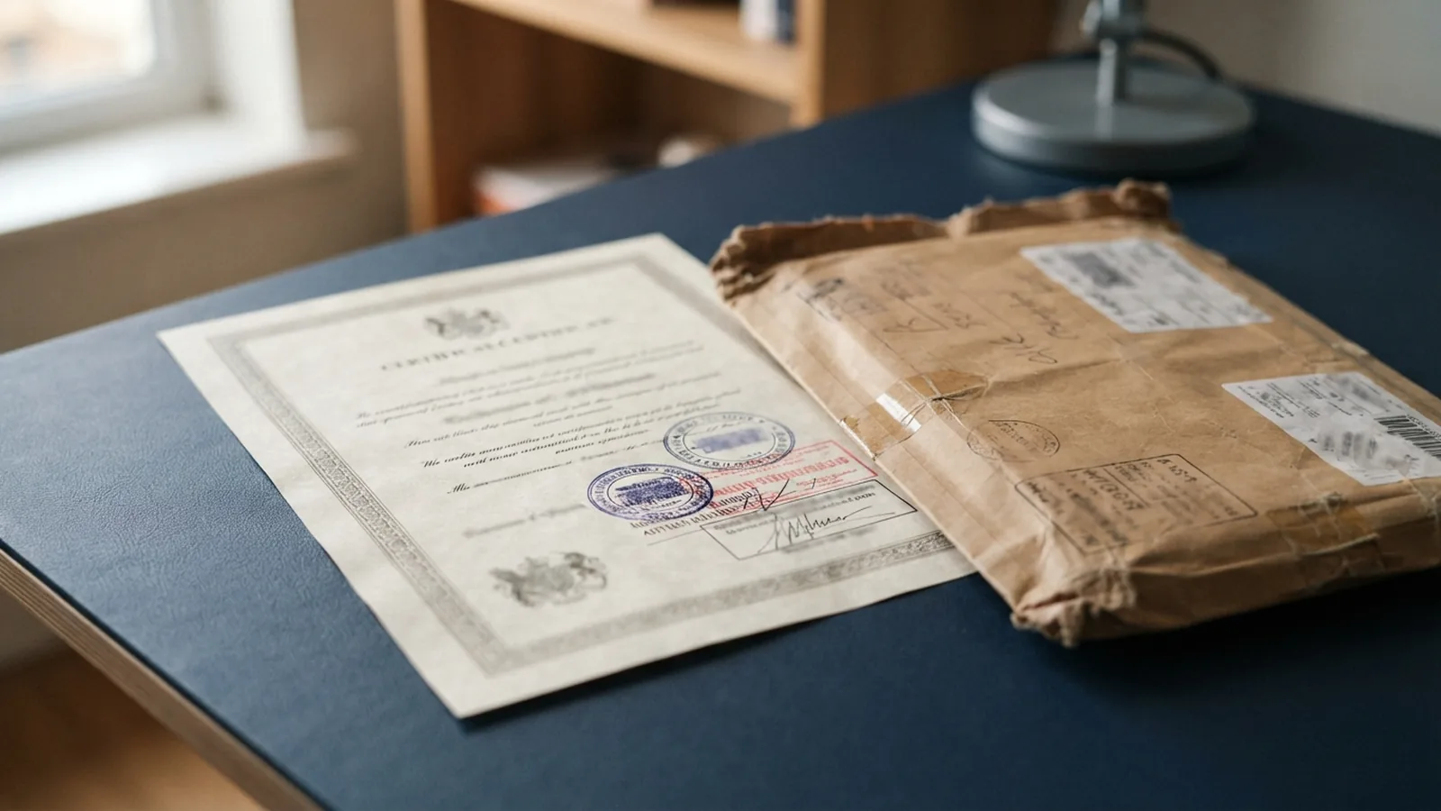 Official certificate with layered stamps beside a brown courier envelope
