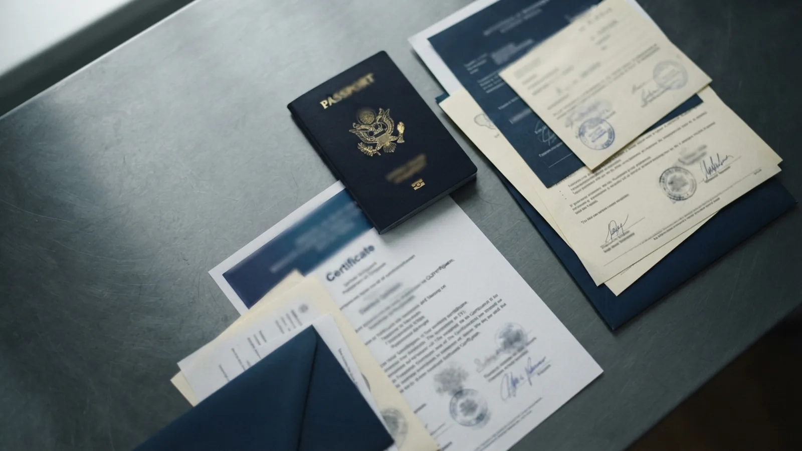 Academic documents and a passport prepared for an attestation chain