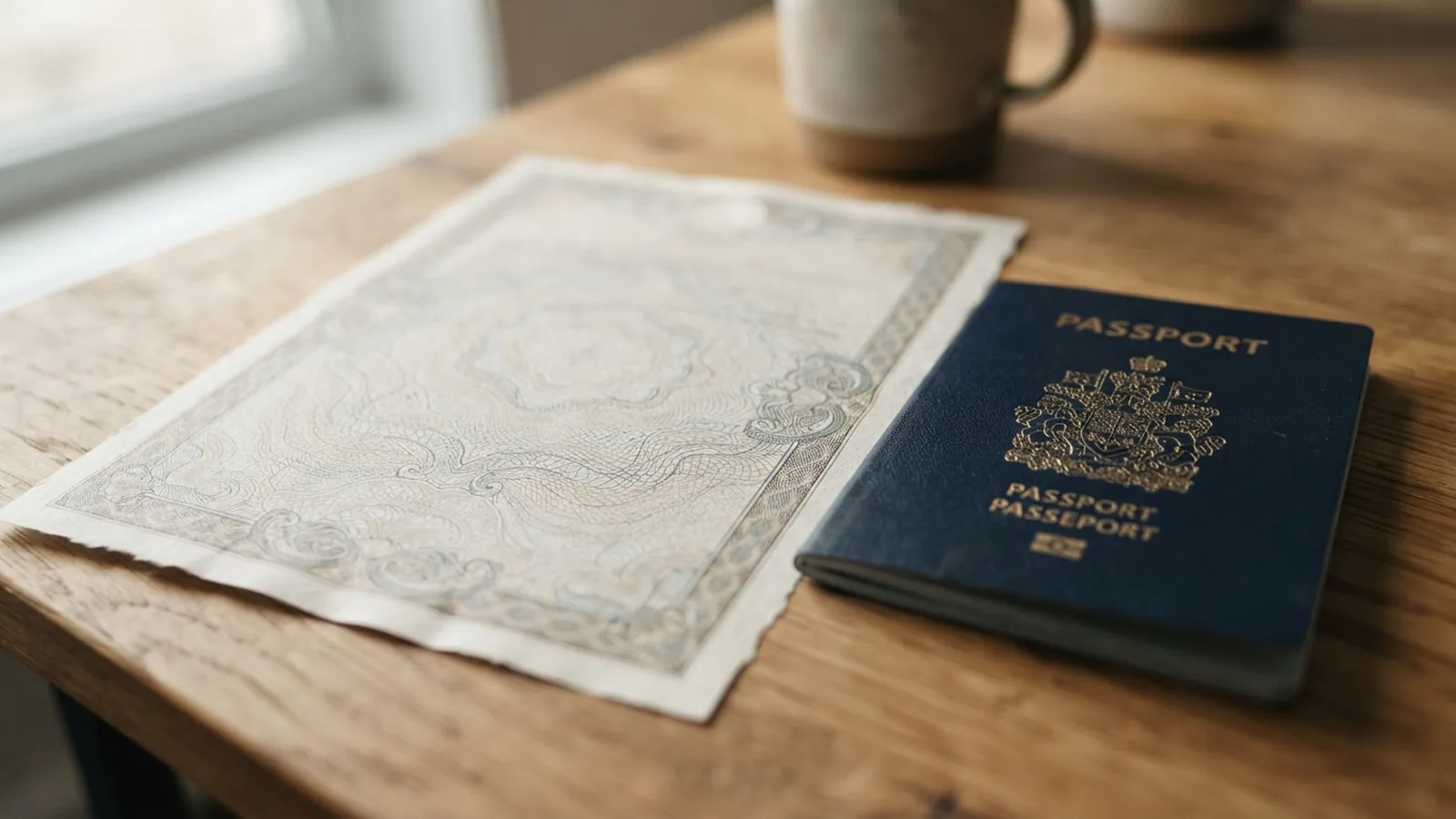 Civil registry certificate on security paper beside a passport