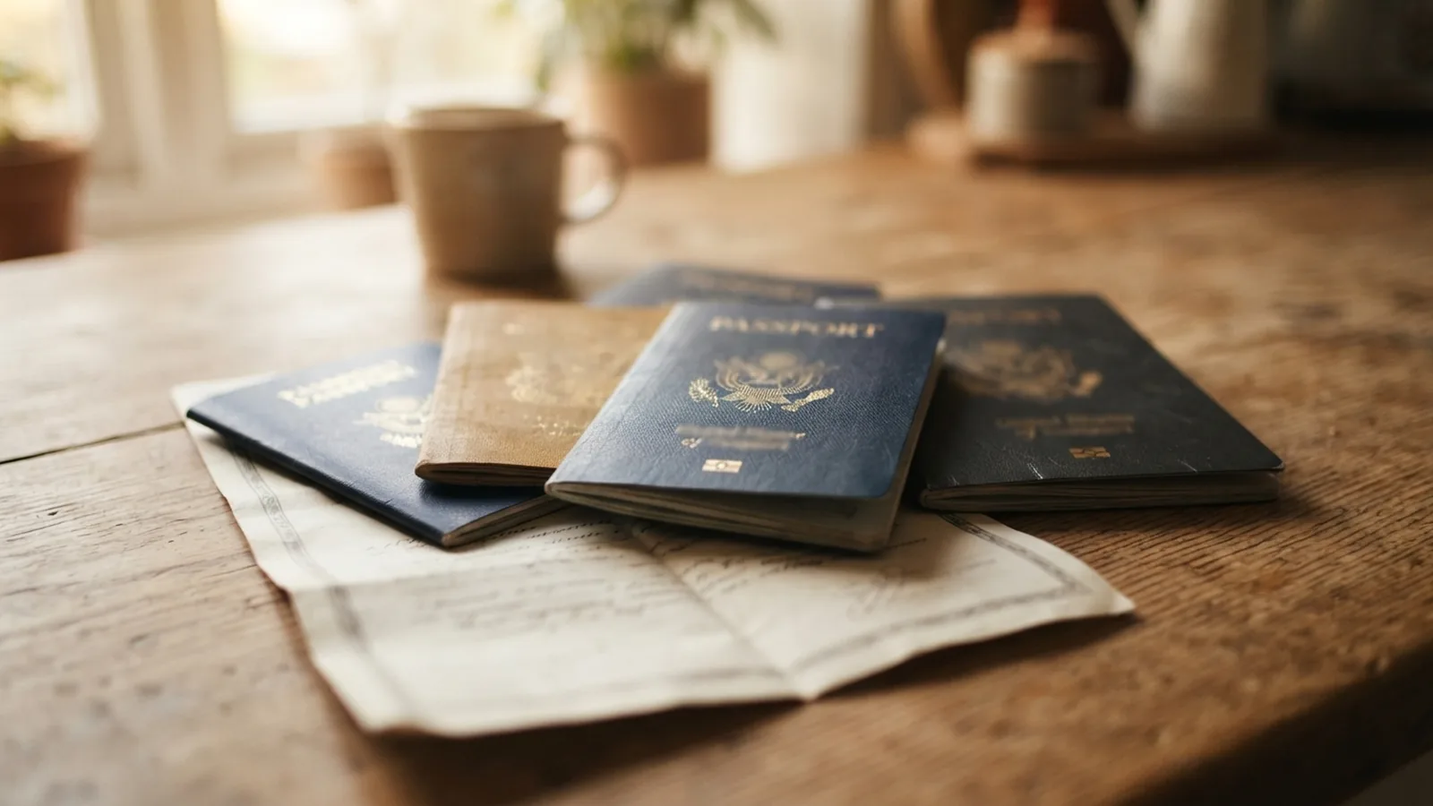 Family passports and a civil certificate on a bright kitchen table